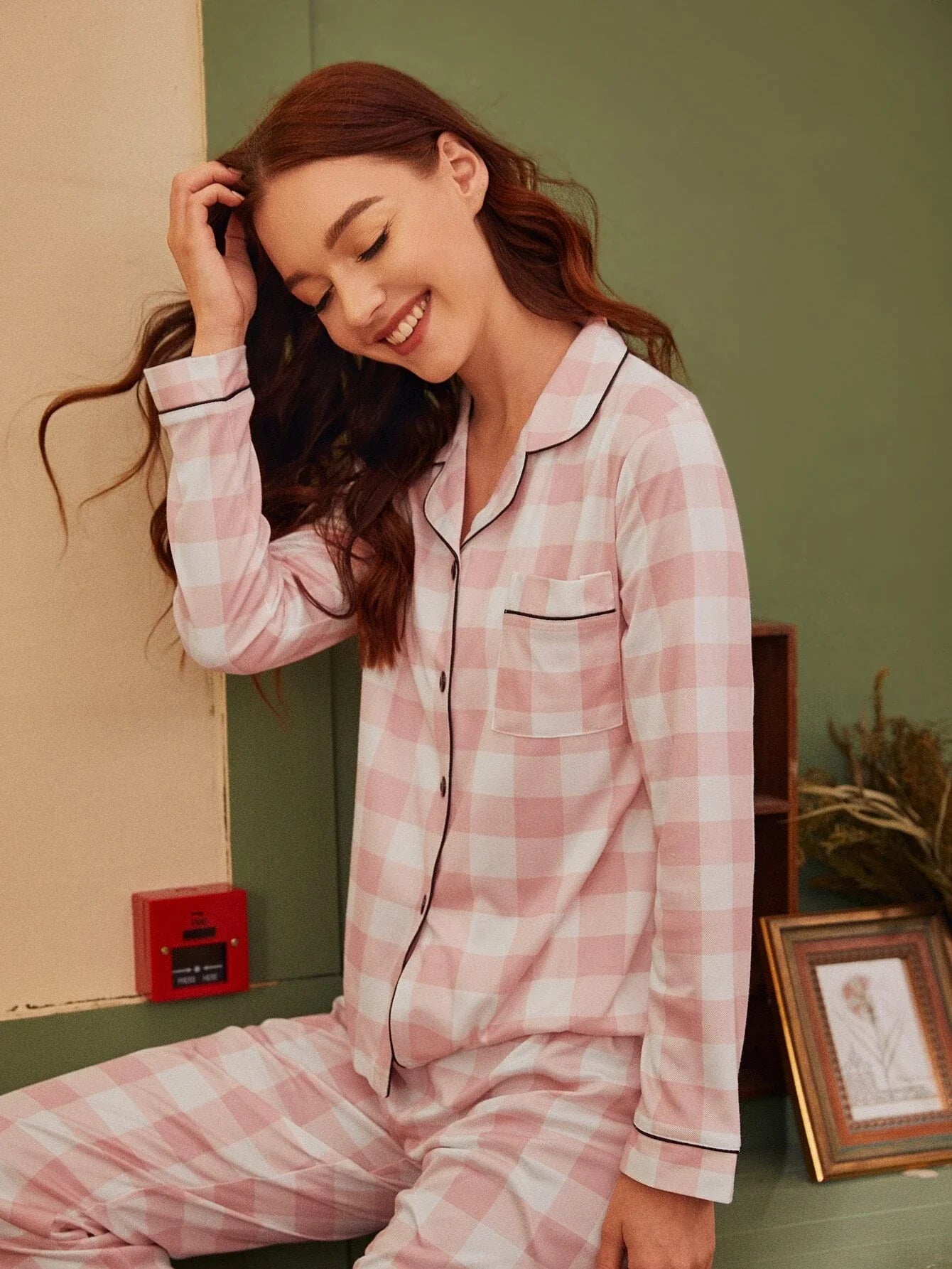 CoupledUp Conjunto de Pijama com Botão e Estampa Xadrez