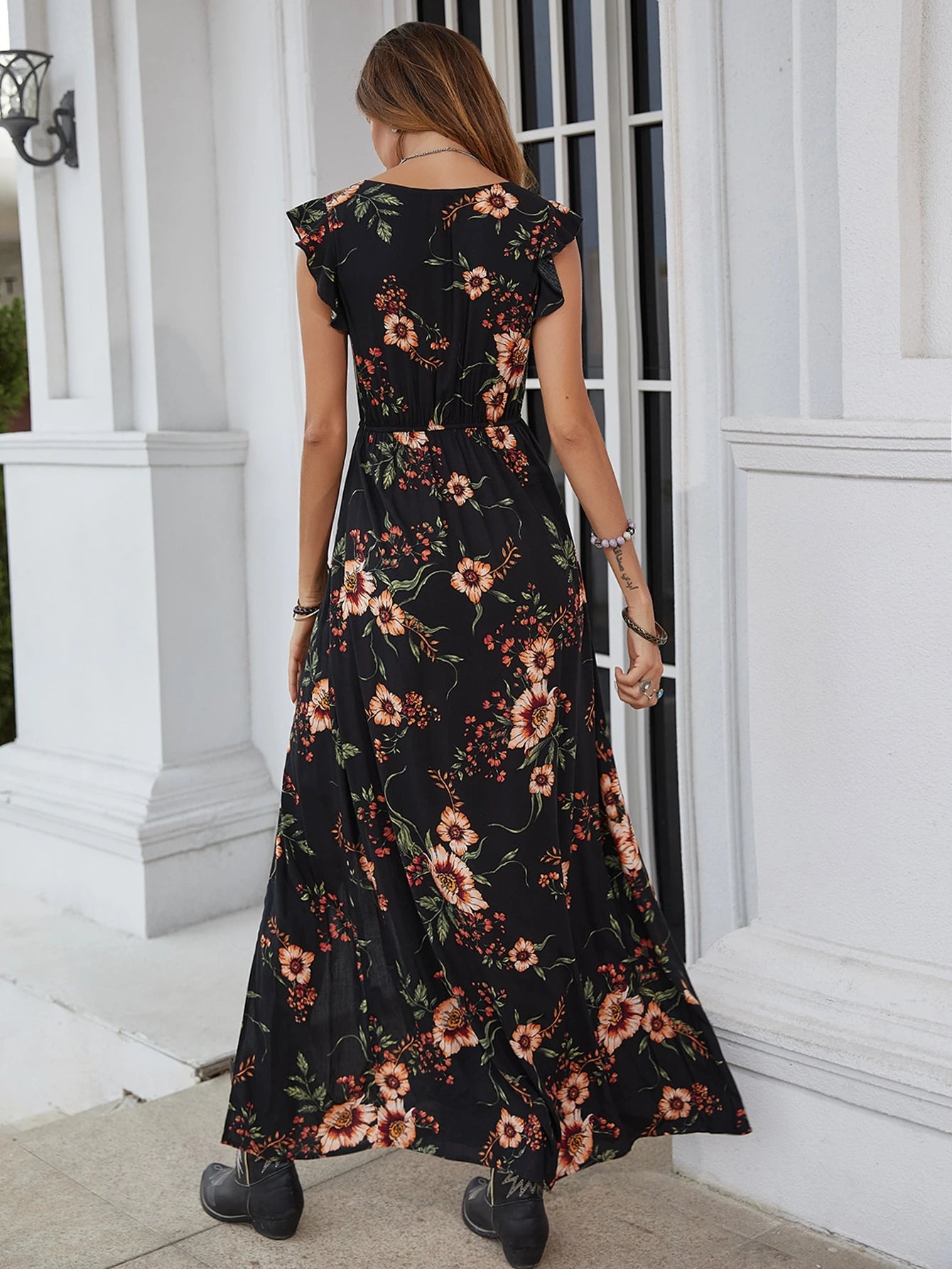 Breezaya Vestido Longo Moda Praia Mulheres com Estampa Floral, Babados e Fenda na Coxa