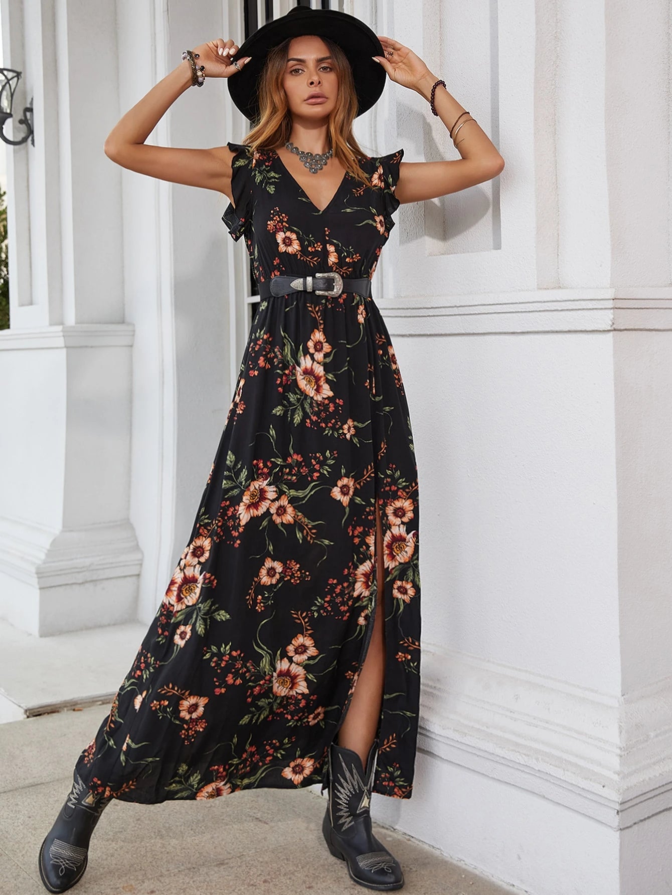 Breezaya Vestido Longo Moda Praia Mulheres com Estampa Floral, Babados e Fenda na Coxa