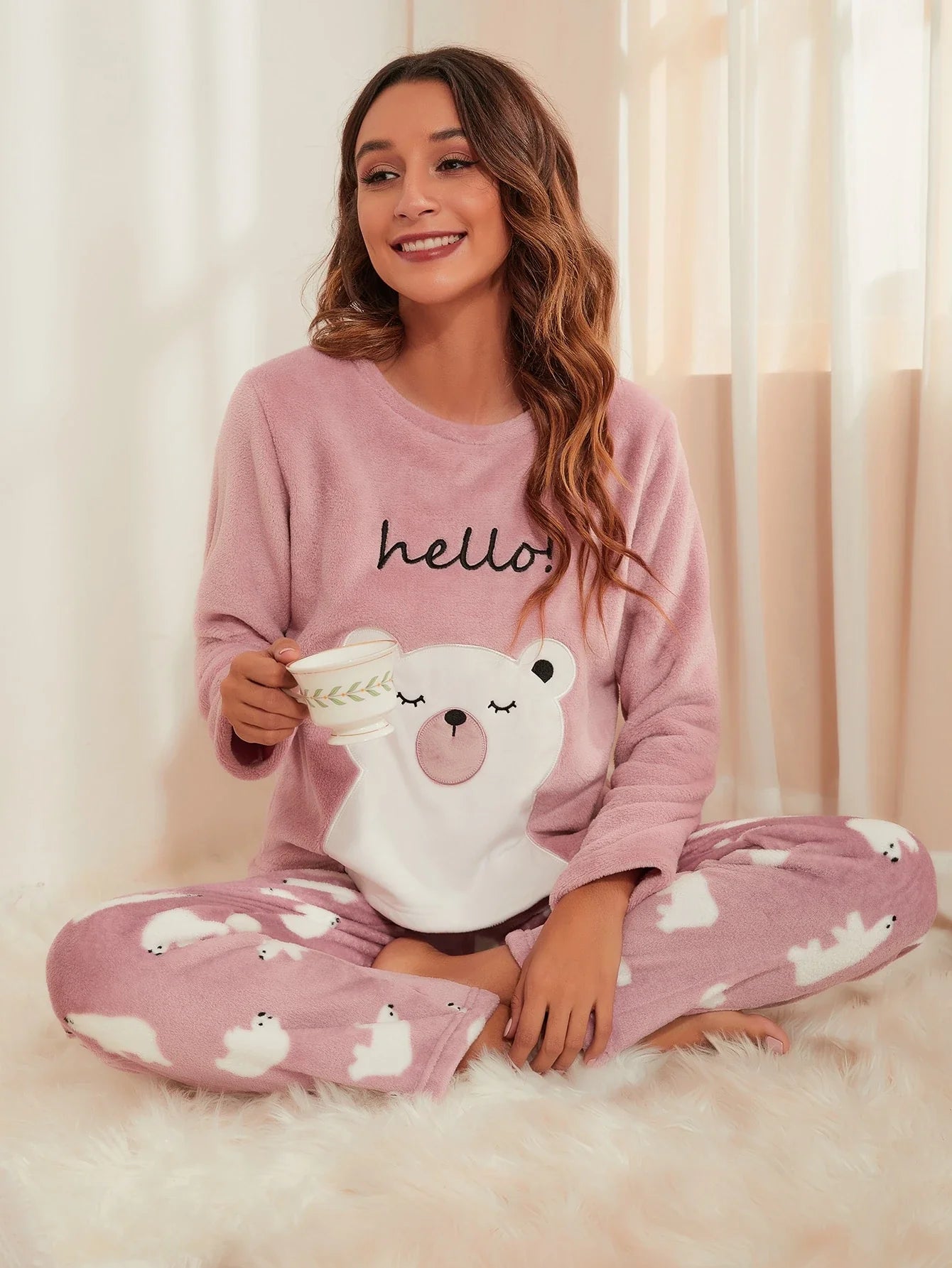 CoupledUp Conjunto de Pijama/Pijama em Flanela com Bordado de Urso e Letra