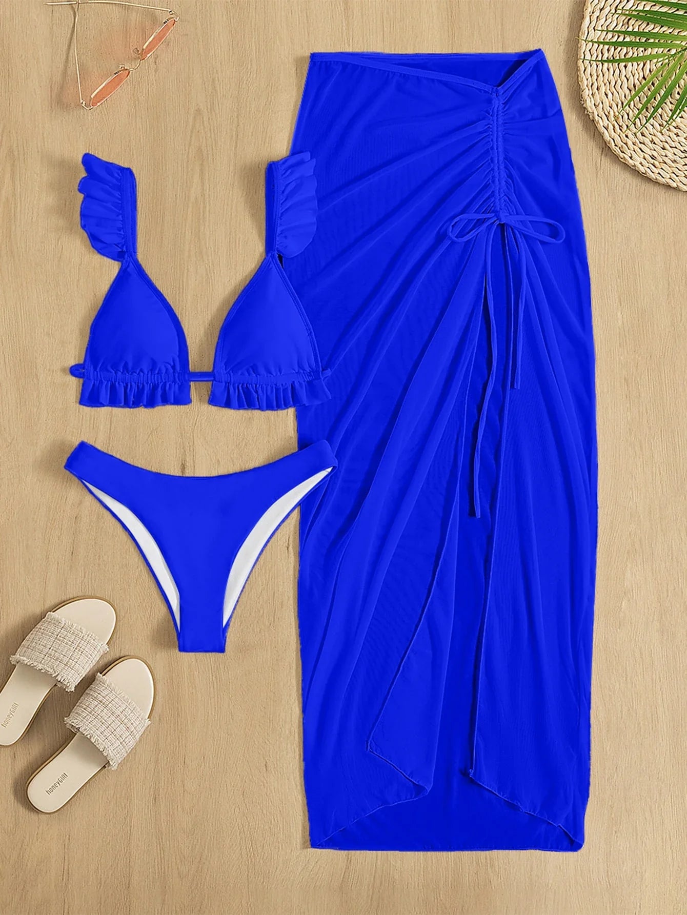 SHEIN Swim Conjunto de biquíni sólido acabamento de folho top & atrevido de baixo & saia de praia 3 peças roupa de banho
