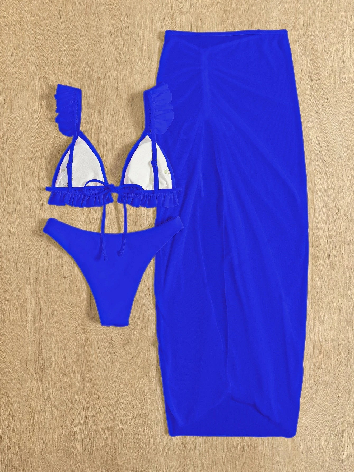 SHEIN Swim Conjunto de biquíni sólido acabamento de folho top & atrevido de baixo & saia de praia 3 peças roupa de banho