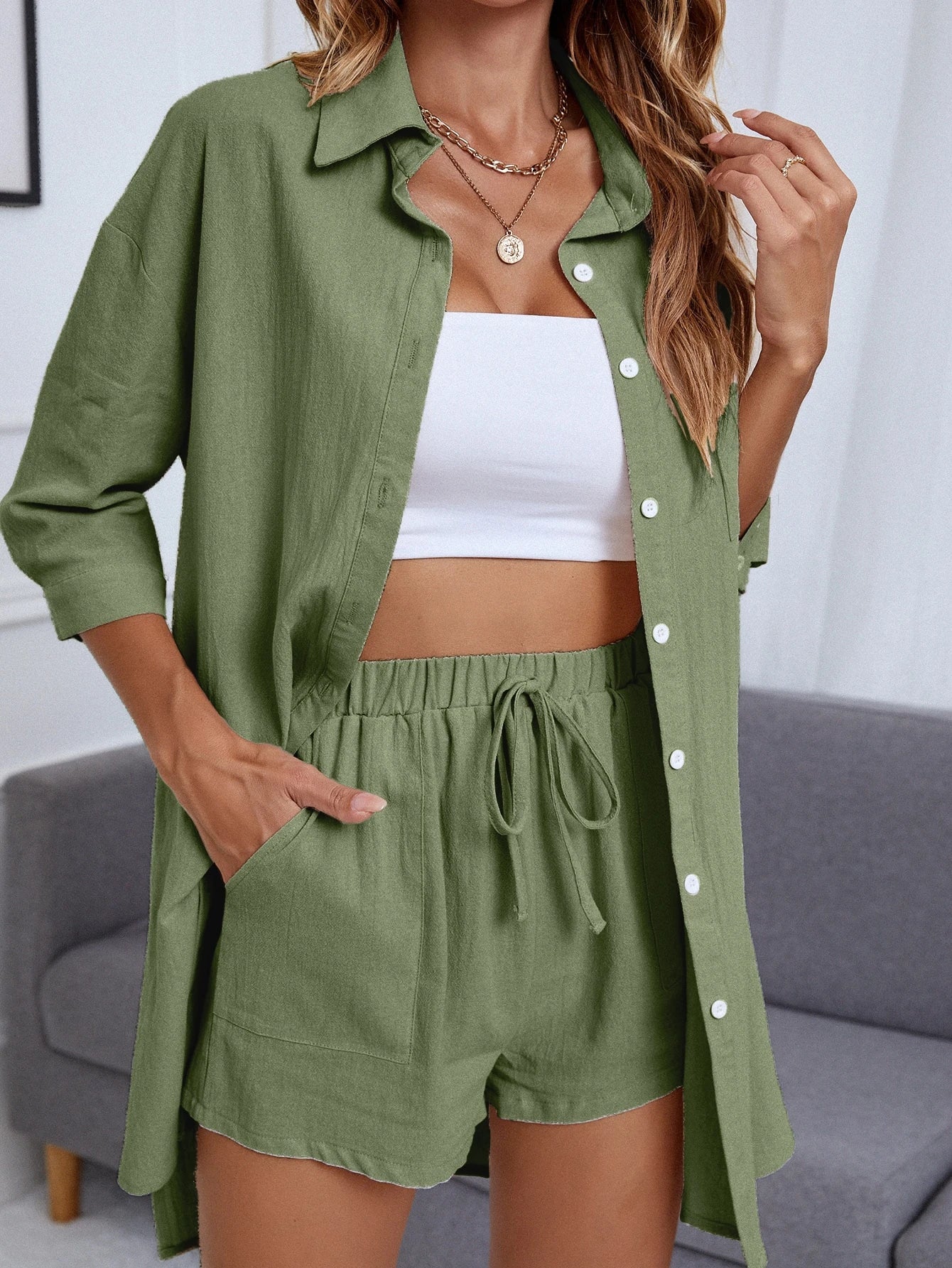 INAWLY Blusa com Bermudas Abotoar Bainha alta baixa