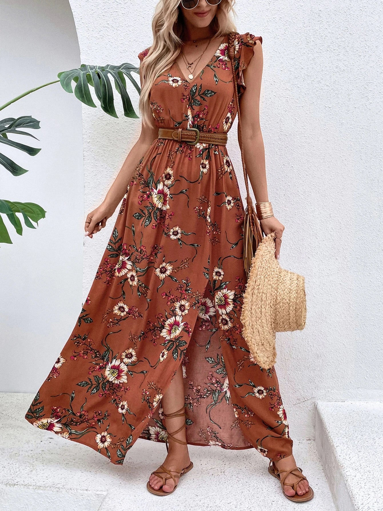 Breezaya Vestido Longo Moda Praia Mulheres com Estampa Floral, Babados e Fenda na Coxa