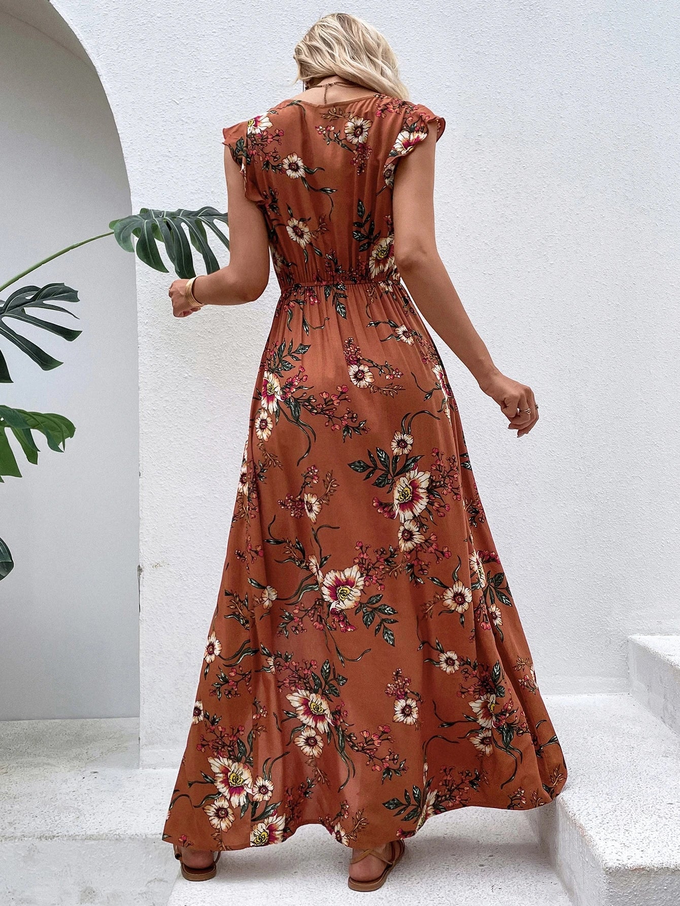 Breezaya Vestido Longo Moda Praia Mulheres com Estampa Floral, Babados e Fenda na Coxa