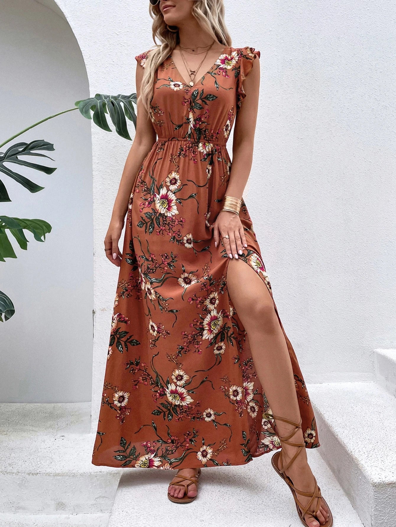 Breezaya Vestido Longo Moda Praia Mulheres com Estampa Floral, Babados e Fenda na Coxa