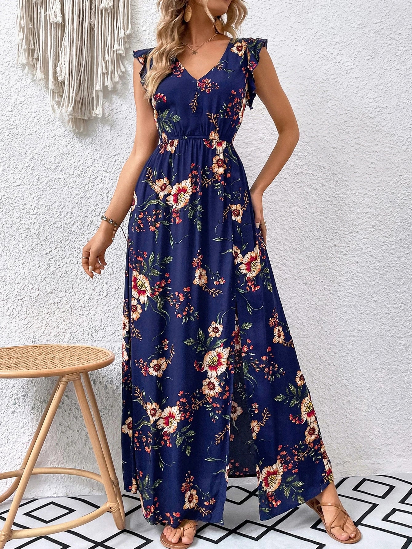 Breezaya Vestido Longo Moda Praia Mulheres com Estampa Floral, Babados e Fenda na Coxa