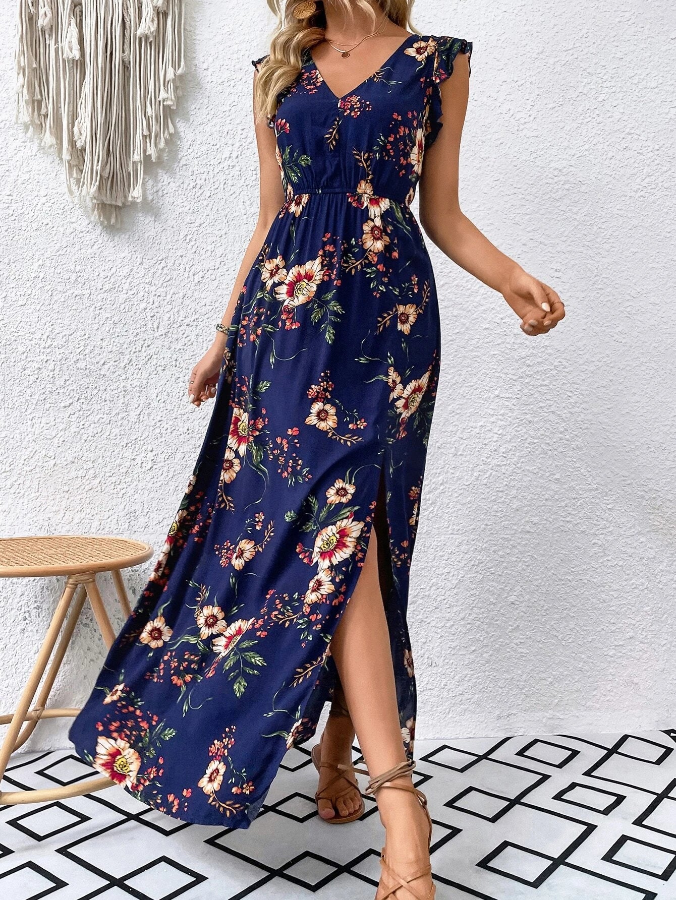 Breezaya Vestido Longo Moda Praia Mulheres com Estampa Floral, Babados e Fenda na Coxa