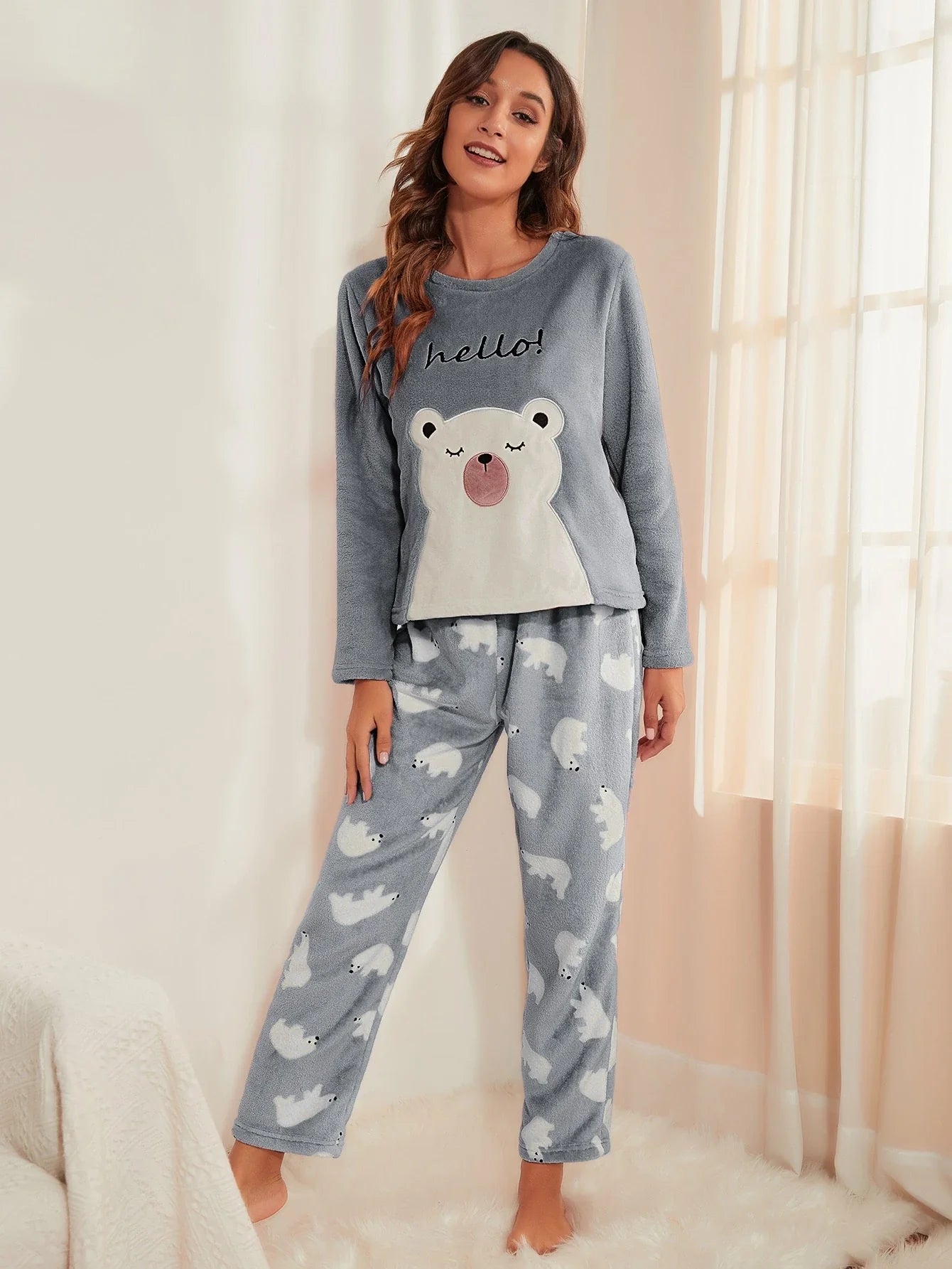 CoupledUp Conjunto de Pijama/Pijama em Flanela com Bordado de Urso e Letra