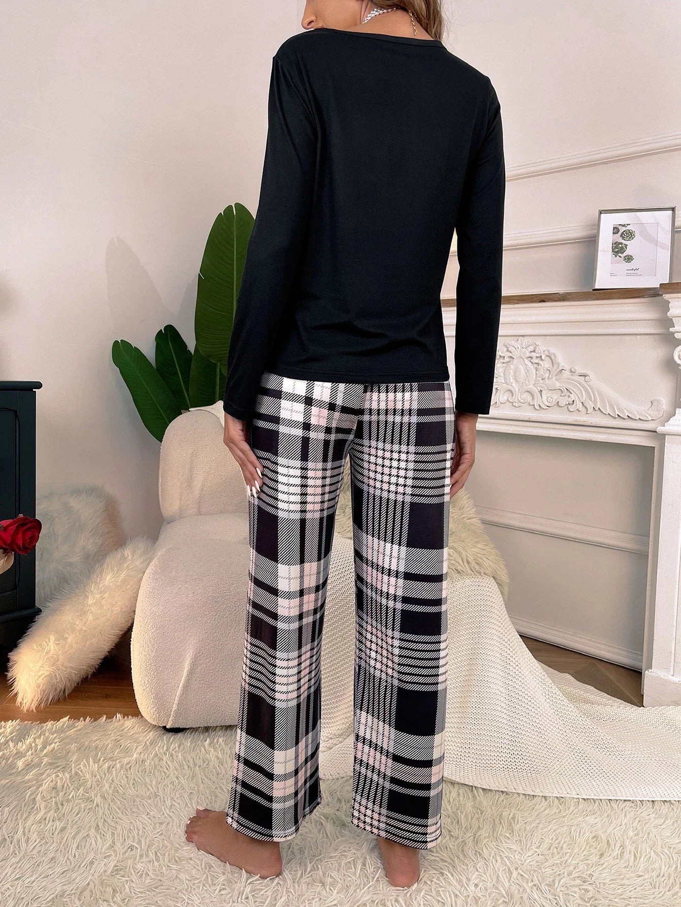 CoupledUp Conjunto de Pijama / Pijama com Estampa Xadrez e Coração