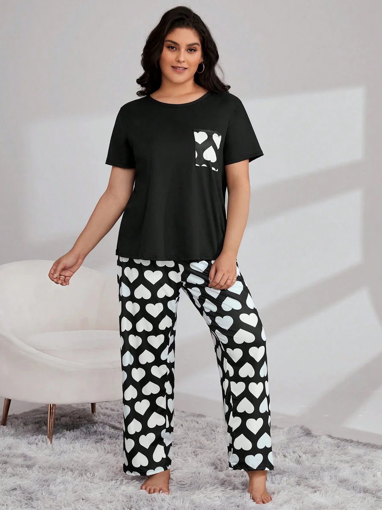 Conjunto de Pijama com Bolso Remendado de Xadrez