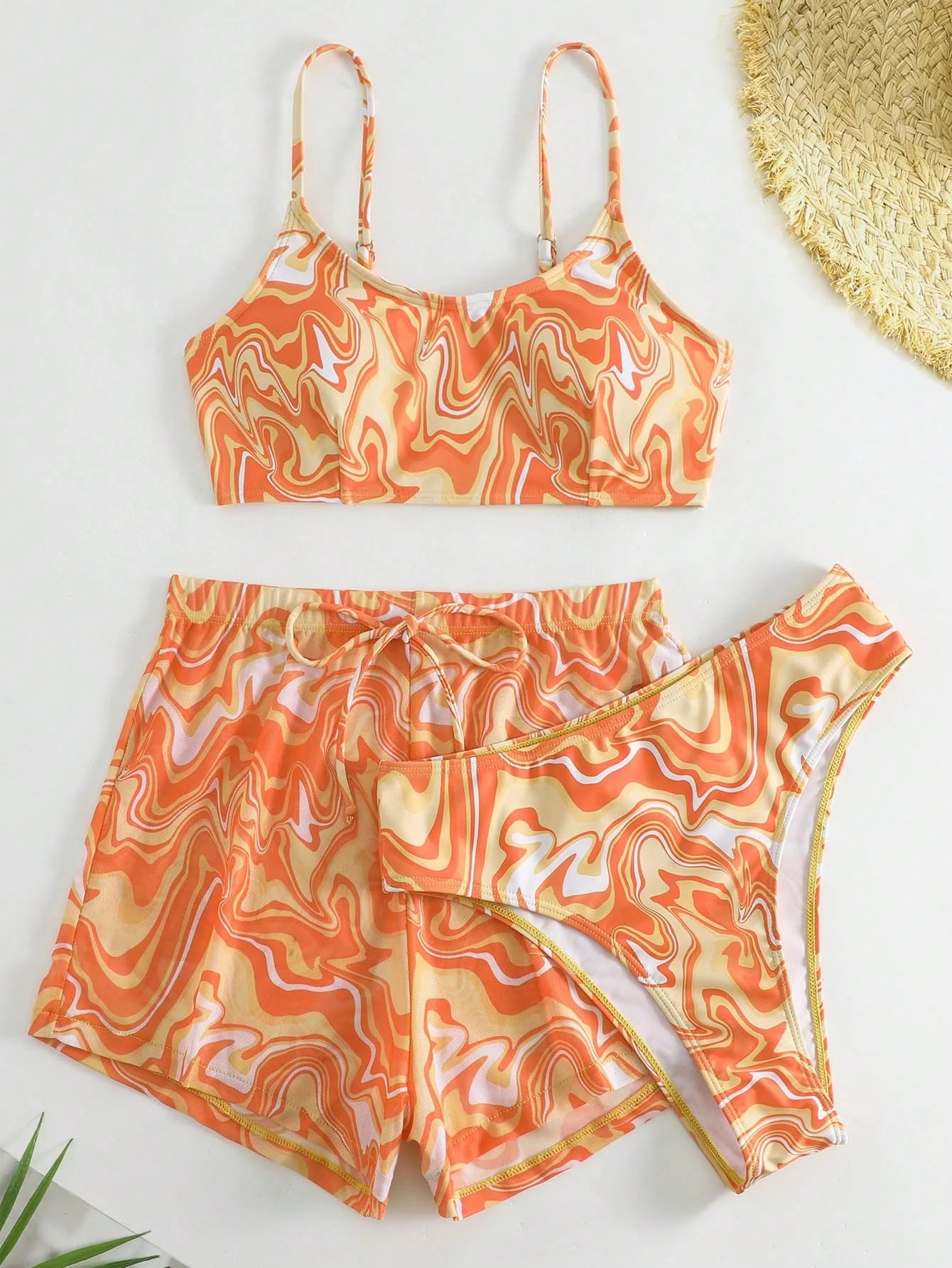 SHEIN Swim Conjunto de Maiô Bikini feminino com alças finas para o verão na Praia com Estampa de Redemoinho, impressionados aleatoriamente.
