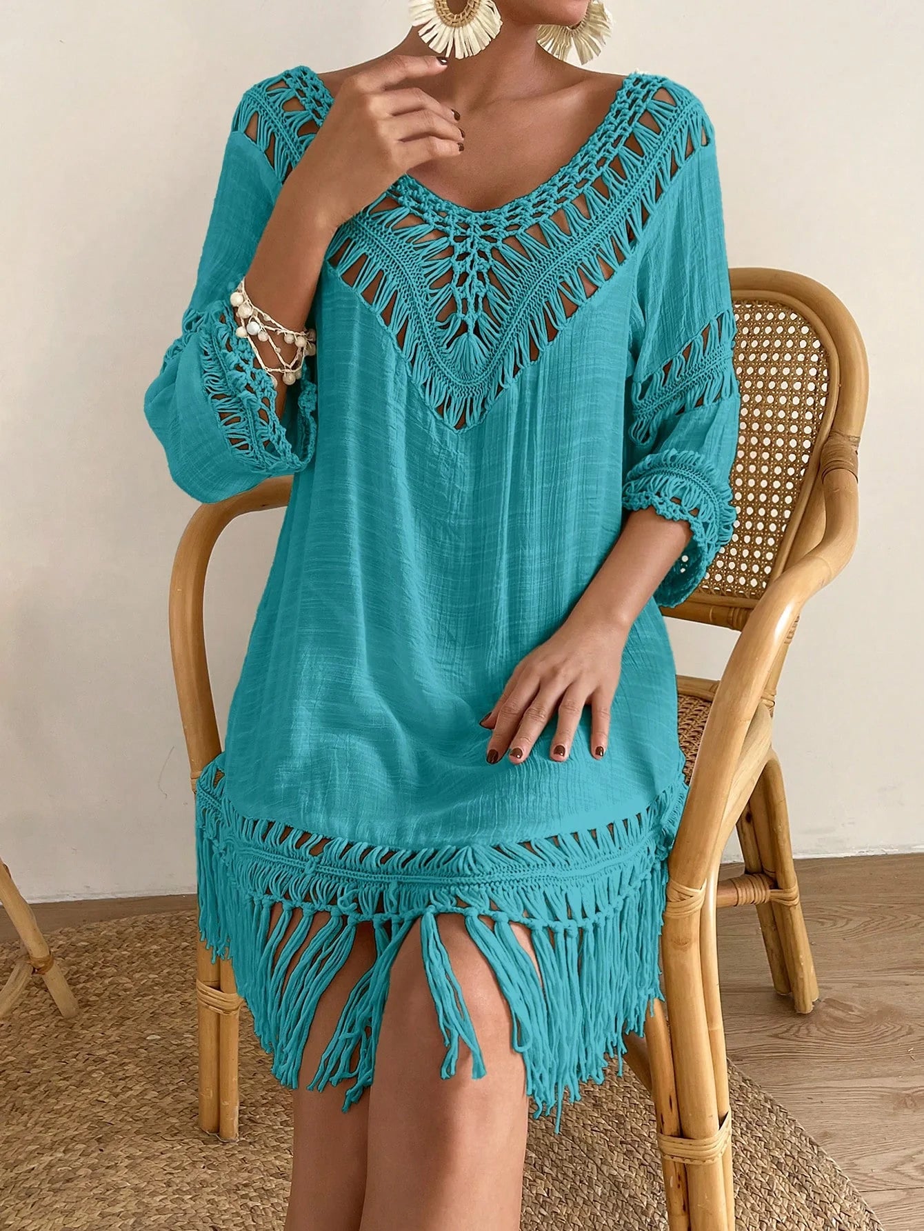 Swim Vcay Capa Tricotada Vazada Feminina, Moda Simples Casual para Férias