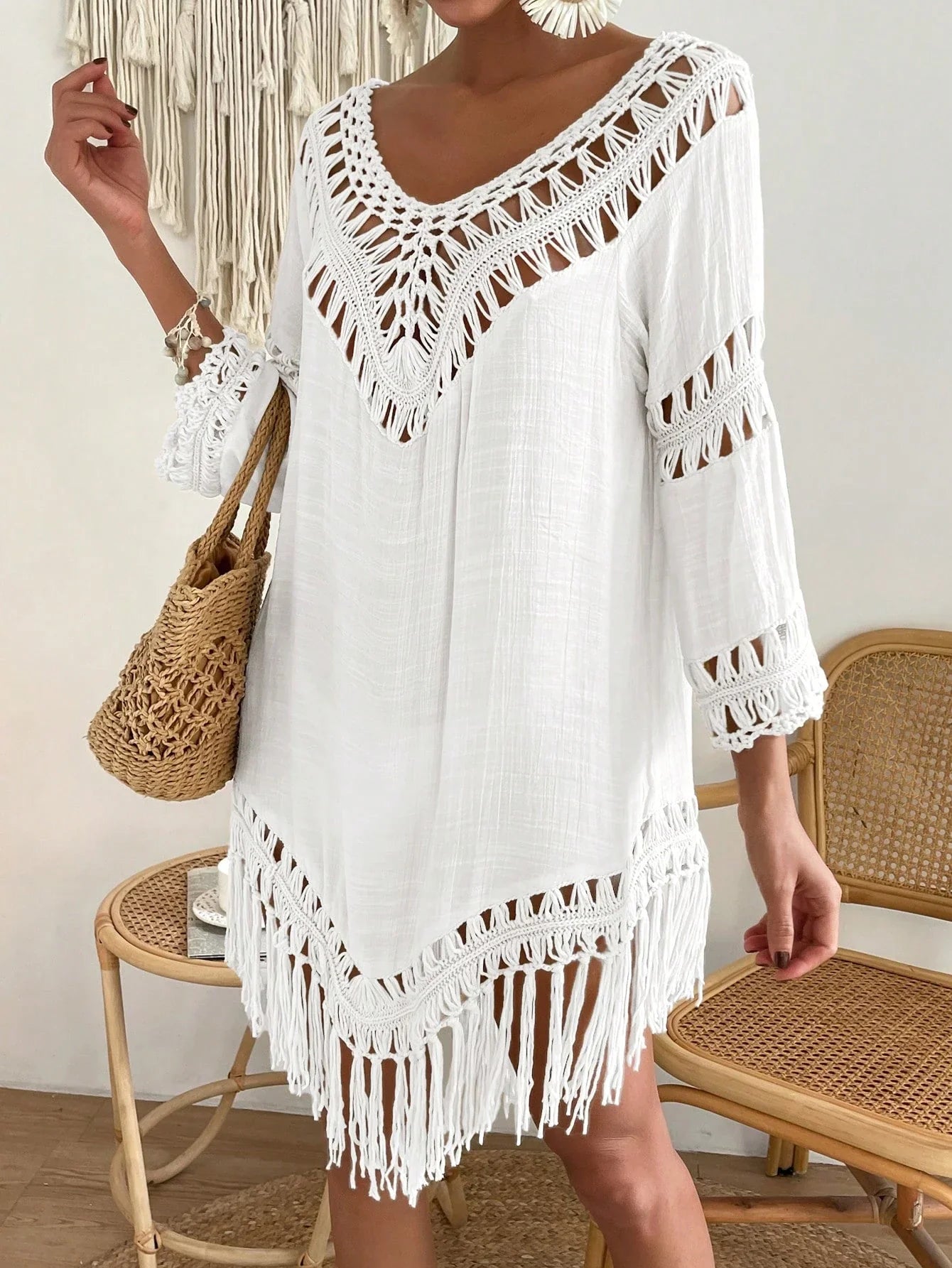 Swim Vcay Capa Tricotada Vazada Feminina, Moda Simples Casual para Férias