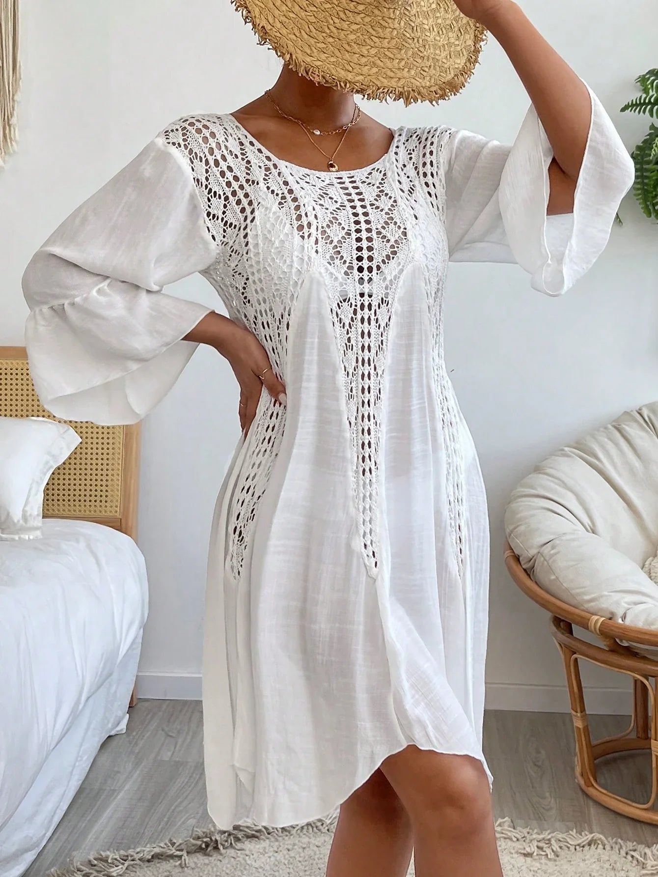 Swim Vcay Crochê Contraste Manga De Encampanada Vestido De Cobertura