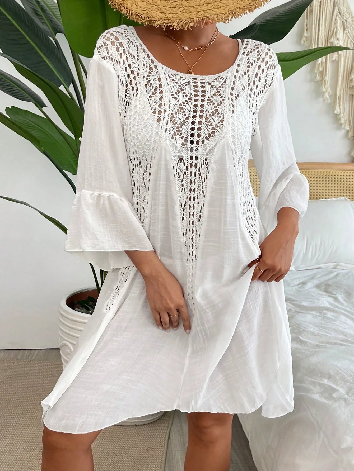 Swim Vcay Crochê Contraste Manga De Encampanada Vestido De Cobertura