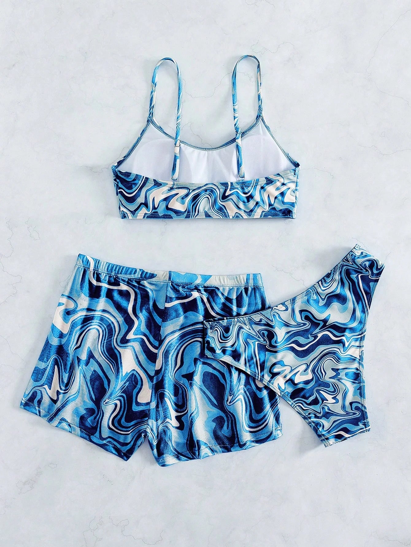 SHEIN Swim Conjunto de Maiô Bikini feminino com alças finas para o verão na Praia com Estampa de Redemoinho, impressionados aleatoriamente.