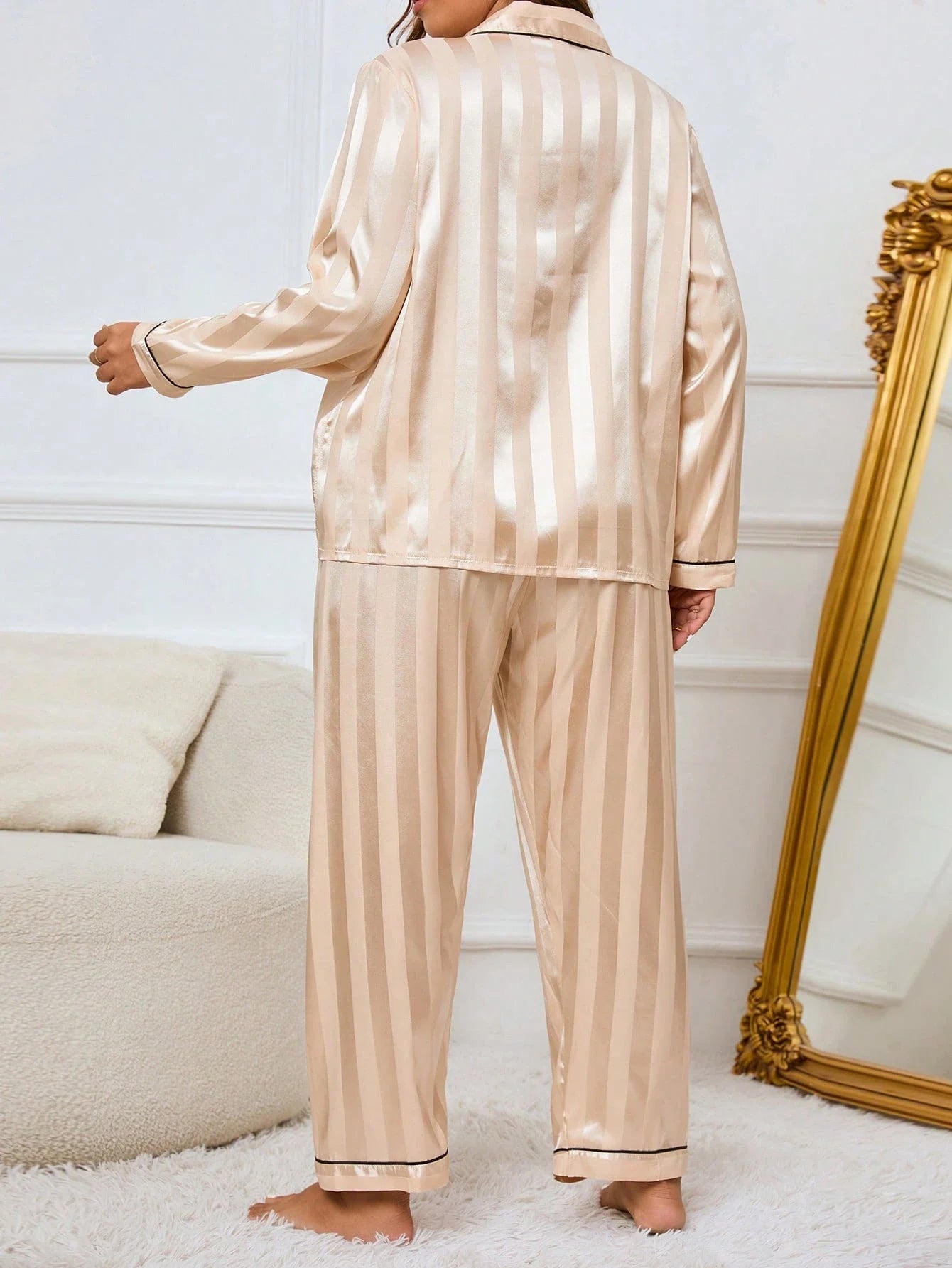 LuxeNights Conjunto de Pijama Elegante de Manga Longa com Bolso, Listras de Gorgurão, Cor Sólida, Plus Size Feminino, Outono/Inverno