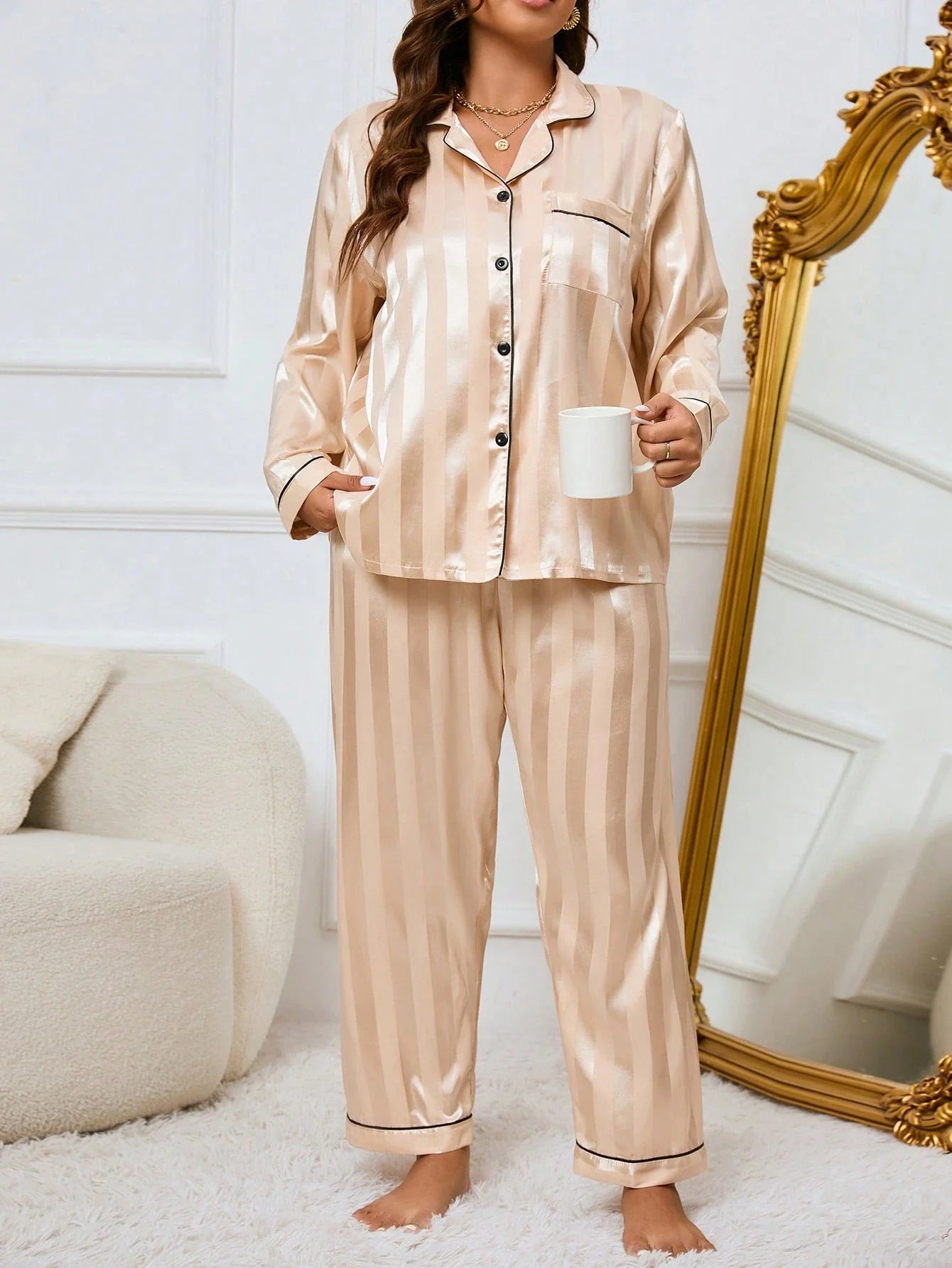 LuxeNights Conjunto de Pijama Elegante de Manga Longa com Bolso, Listras de Gorgurão, Cor Sólida, Plus Size Feminino, Outono/Inverno