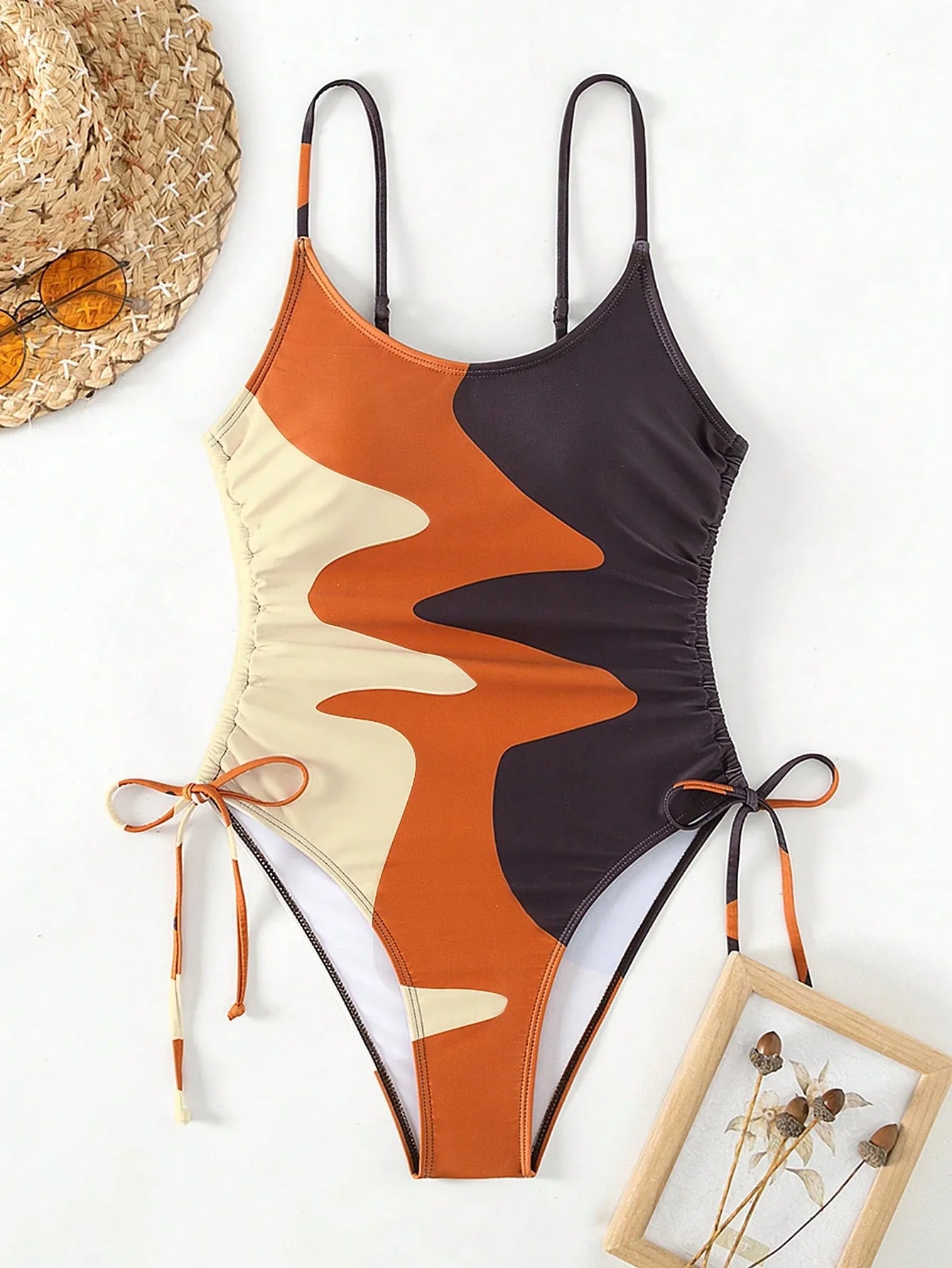 SHEIN Swim Maiô de bloco de cor com cordão lateral, traje de banho de verão na praia