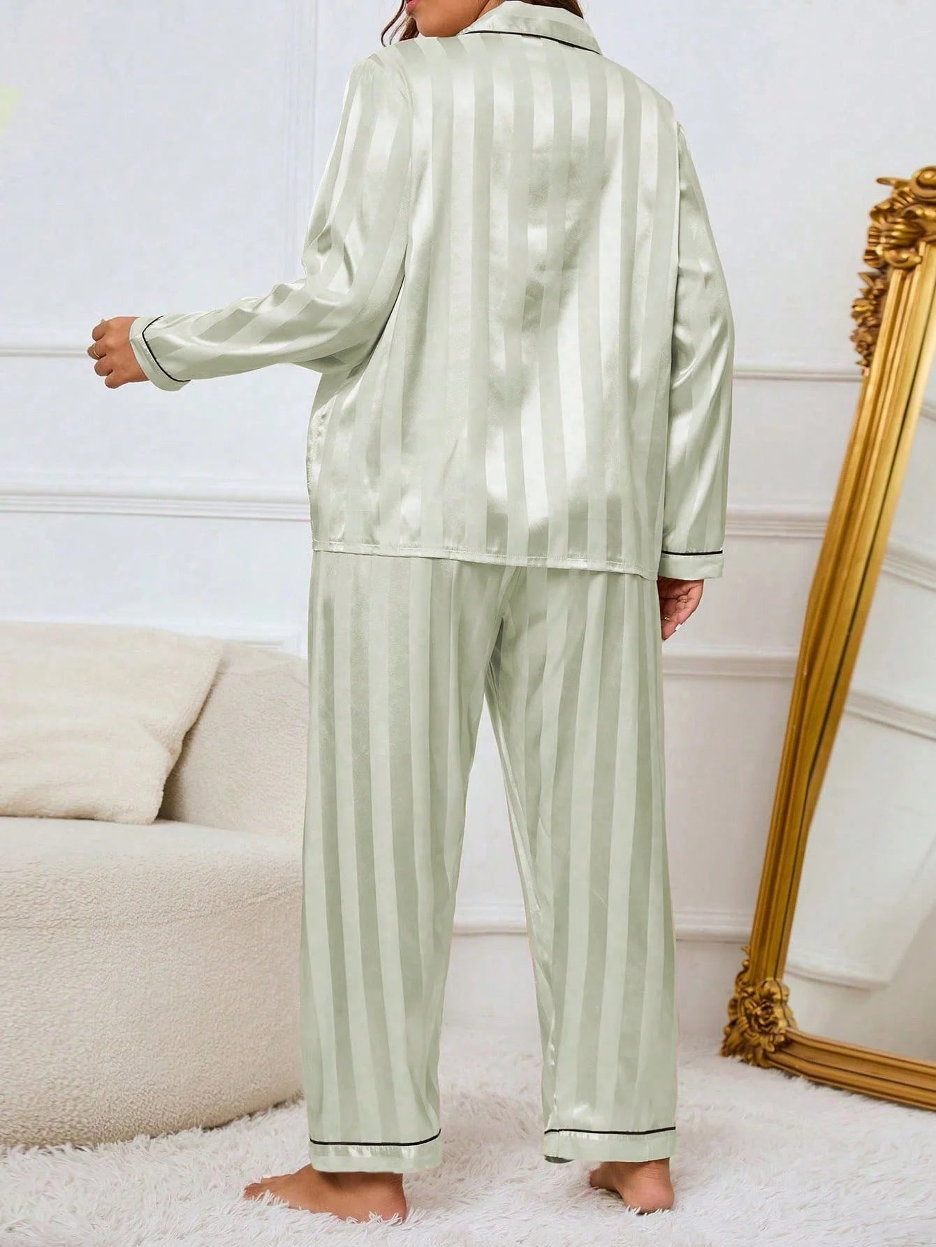 LuxeNights Conjunto de Pijama Elegante de Manga Longa com Bolso, Listras de Gorgurão, Cor Sólida, Plus Size Feminino, Outono/Inverno