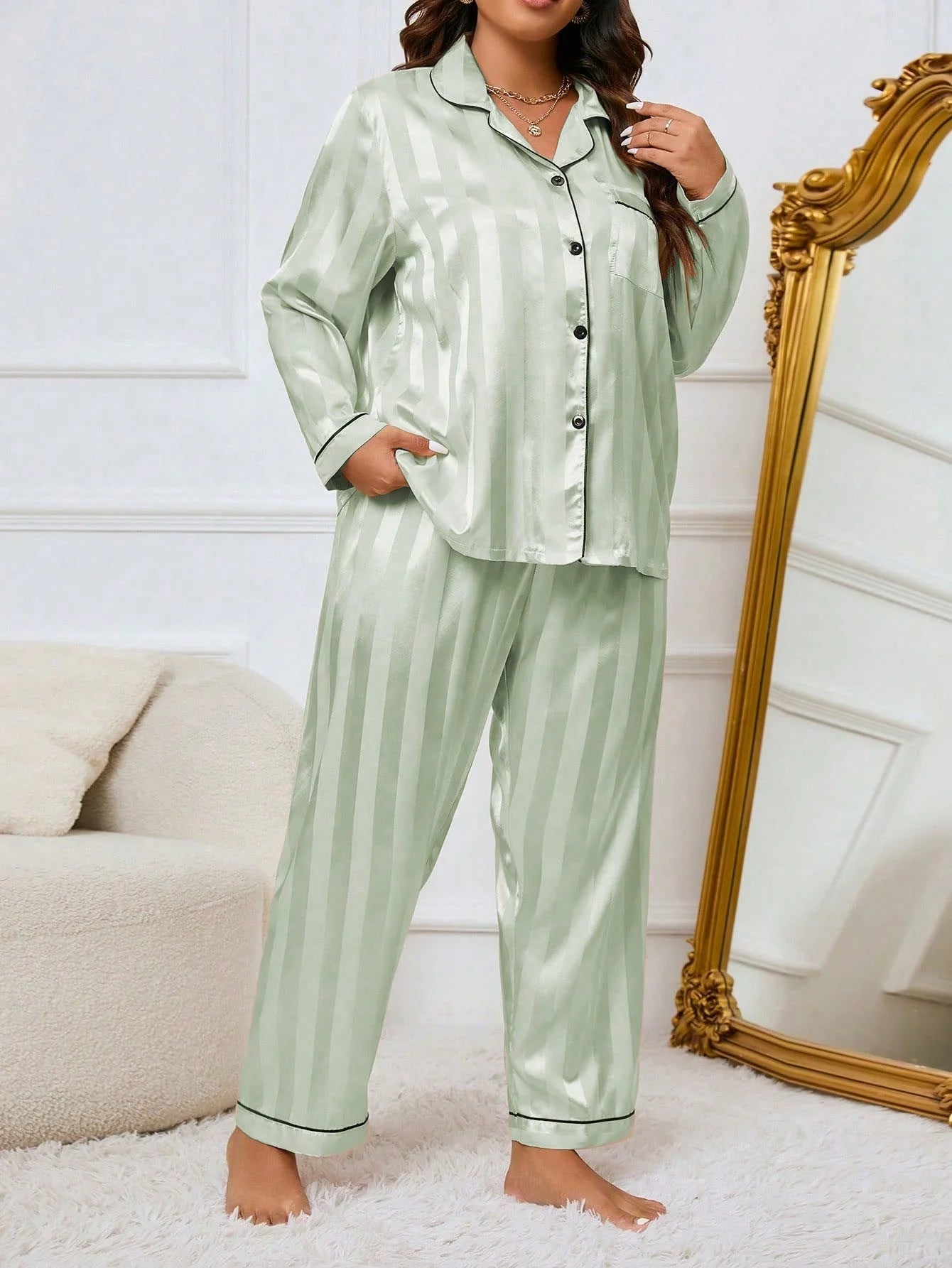 LuxeNights Conjunto de Pijama Elegante de Manga Longa com Bolso, Listras de Gorgurão, Cor Sólida, Plus Size Feminino, Outono/Inverno