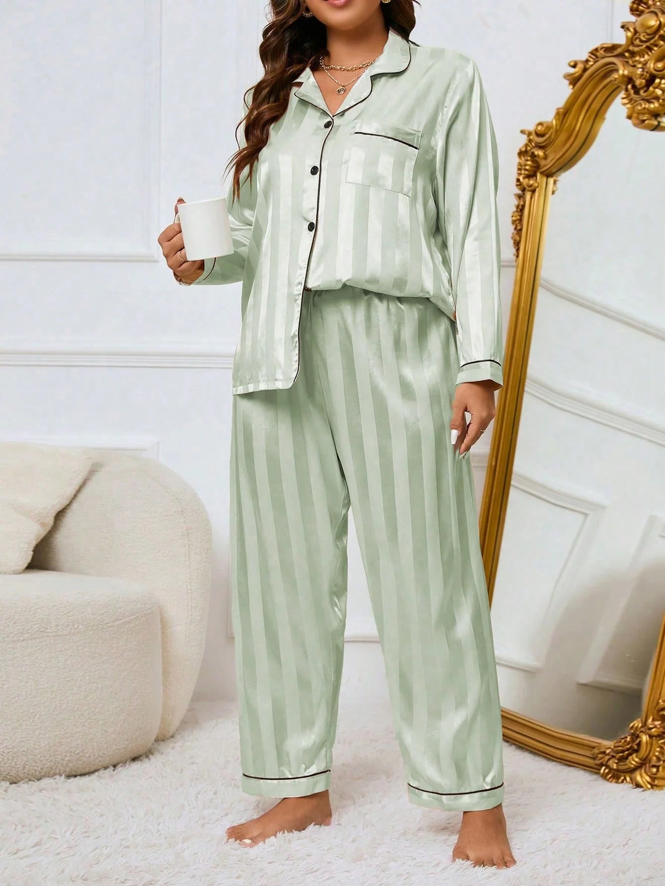 LuxeNights Conjunto de Pijama Elegante de Manga Longa com Bolso, Listras de Gorgurão, Cor Sólida, Plus Size Feminino, Outono/Inverno