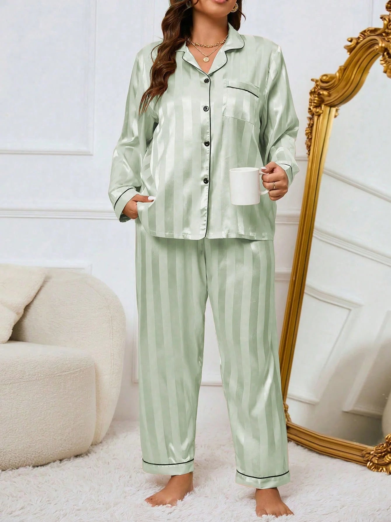 LuxeNights Conjunto de Pijama Elegante de Manga Longa com Bolso, Listras de Gorgurão, Cor Sólida, Plus Size Feminino, Outono/Inverno