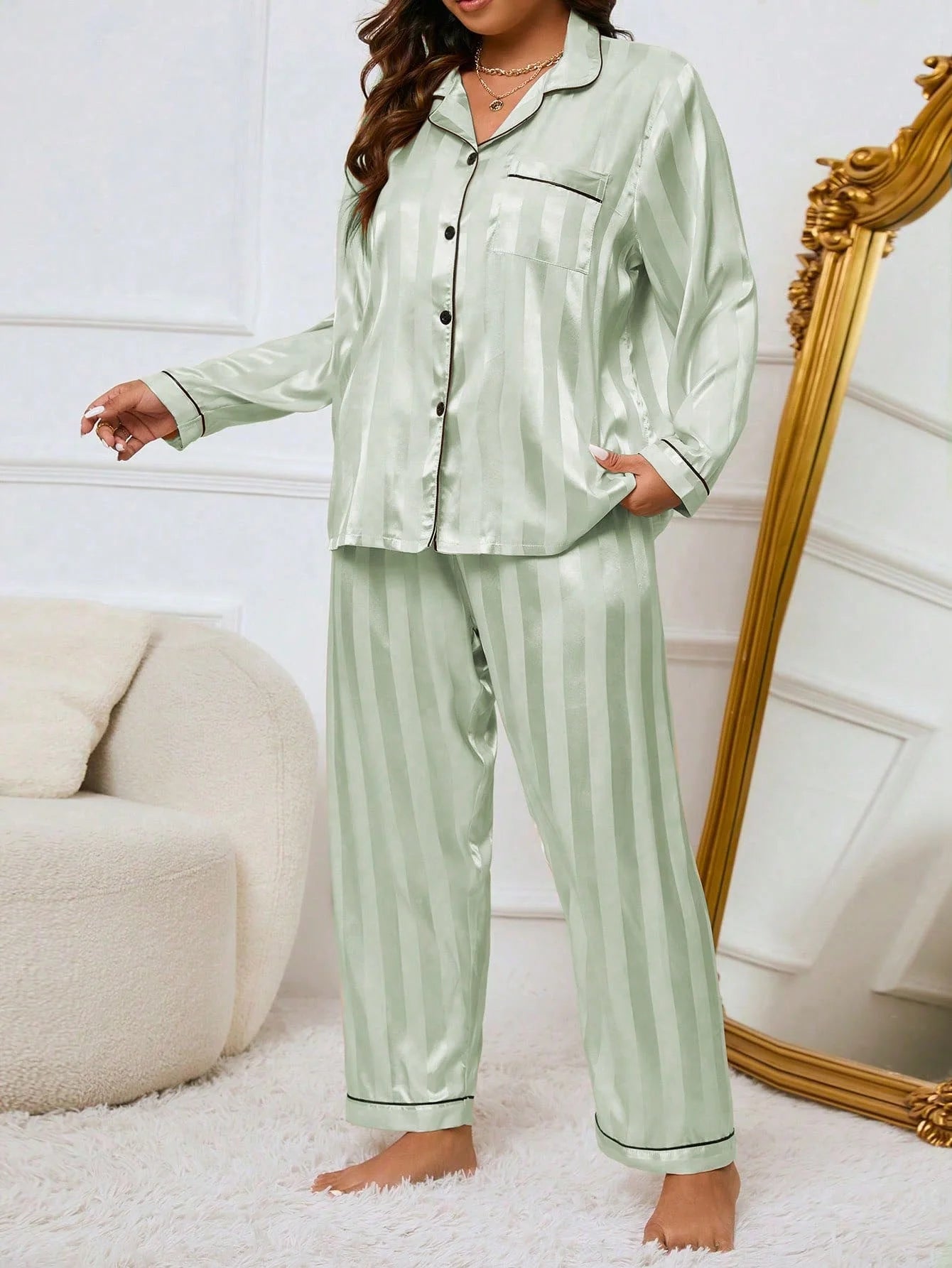 LuxeNights Conjunto de Pijama Elegante de Manga Longa com Bolso, Listras de Gorgurão, Cor Sólida, Plus Size Feminino, Outono/Inverno