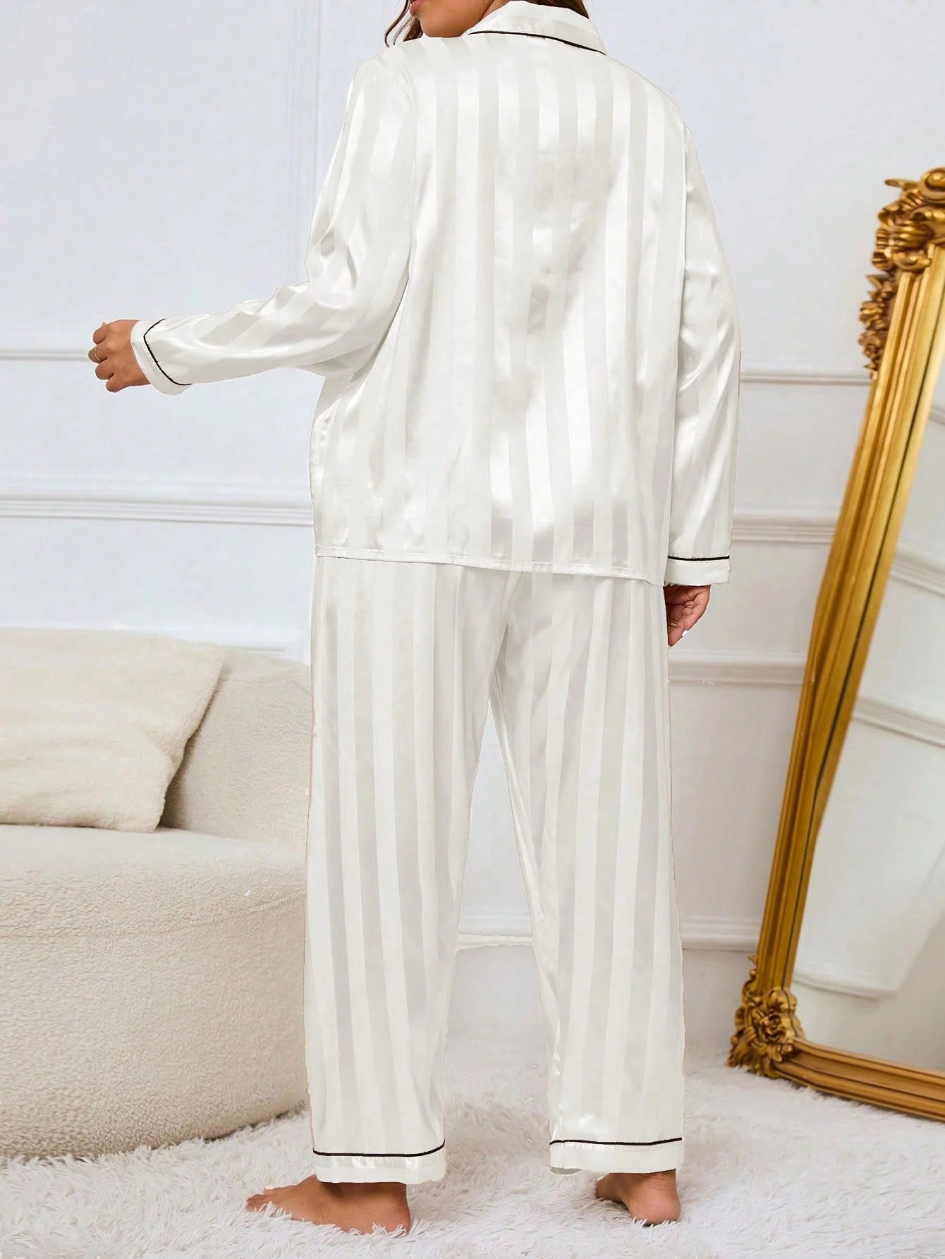 LuxeNights Conjunto de Pijama Elegante de Manga Longa com Bolso, Listras de Gorgurão, Cor Sólida, Plus Size Feminino, Outono/Inverno