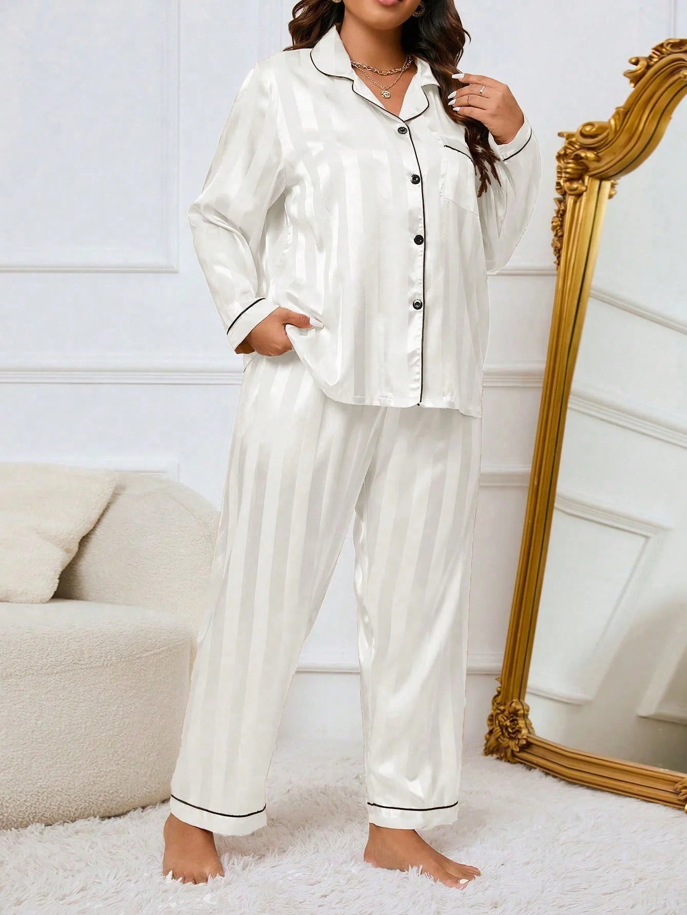 LuxeNights Conjunto de Pijama Elegante de Manga Longa com Bolso, Listras de Gorgurão, Cor Sólida, Plus Size Feminino, Outono/Inverno
