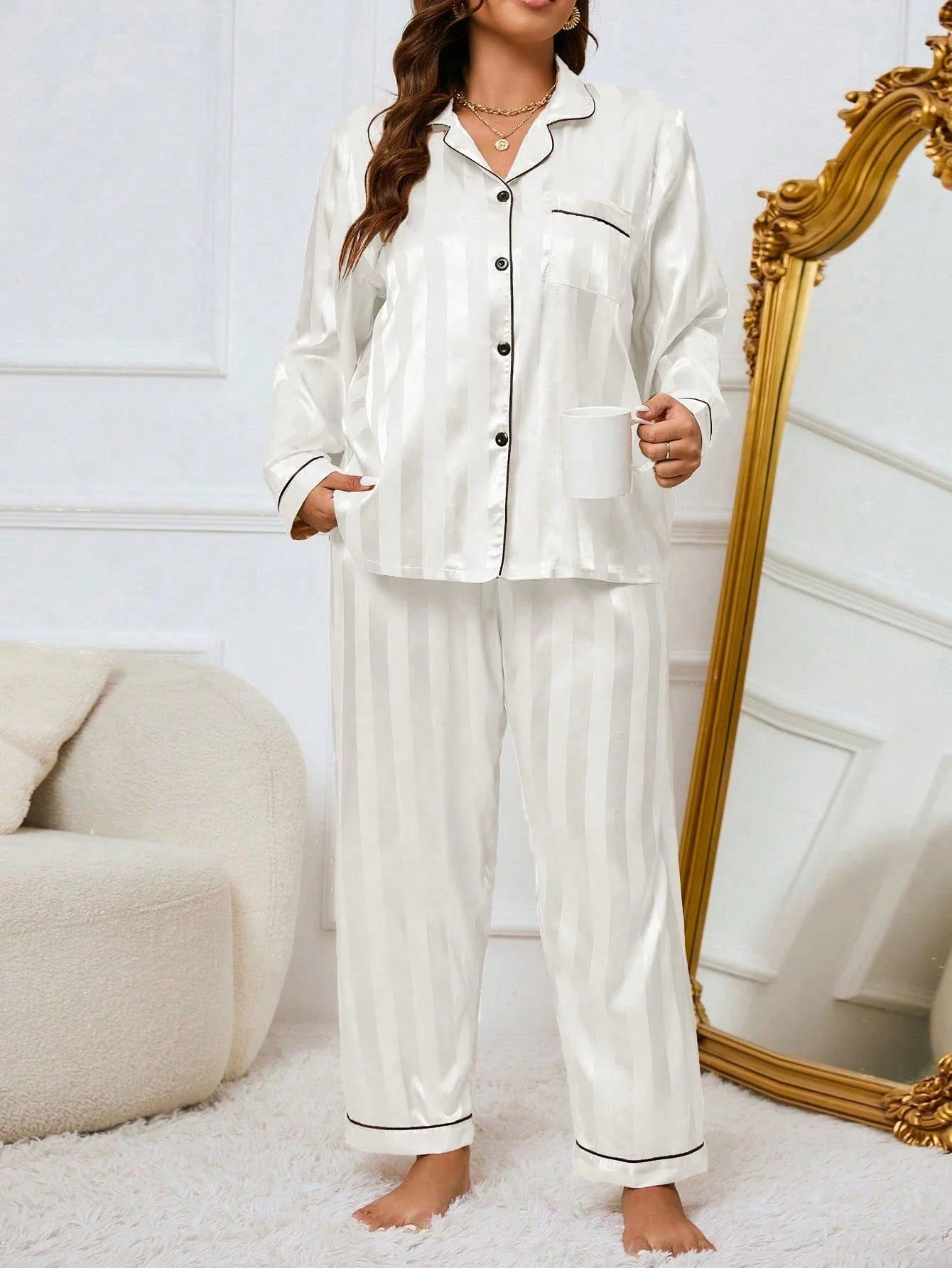 LuxeNights Conjunto de Pijama Elegante de Manga Longa com Bolso, Listras de Gorgurão, Cor Sólida, Plus Size Feminino, Outono/Inverno