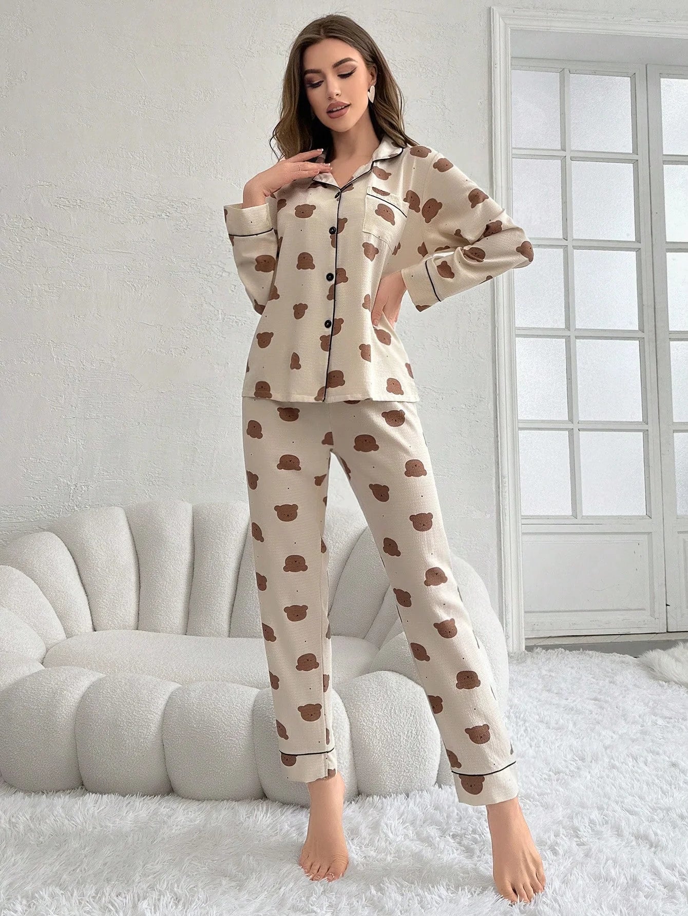 CoupledUp Conjunto De Pijama Feminino Com Estampa De Urso De Manga Longa E Calça Longa