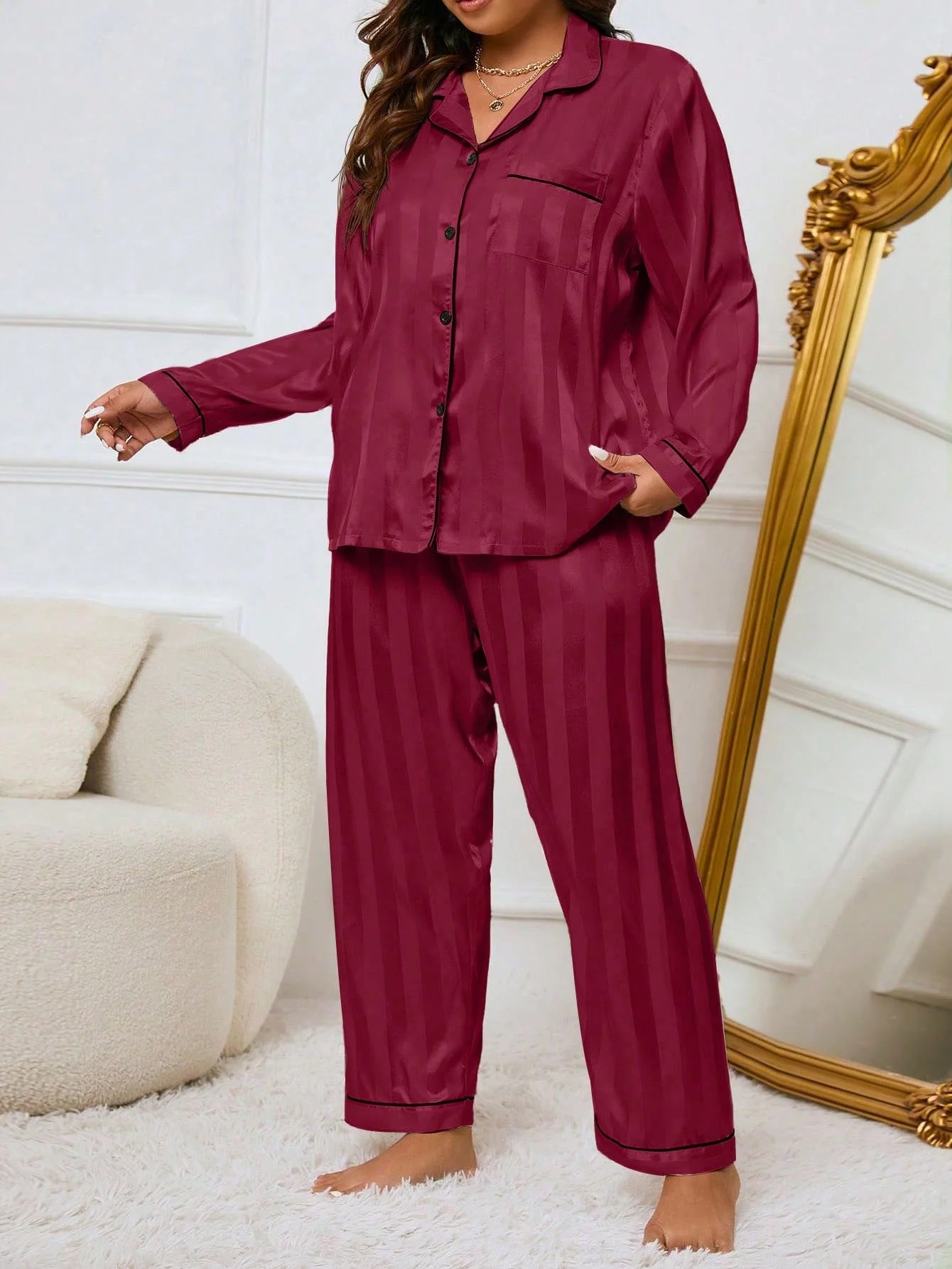 LuxeNights Conjunto de Pijama Elegante de Manga Longa com Bolso, Listras de Gorgurão, Cor Sólida, Plus Size Feminino, Outono/Inverno