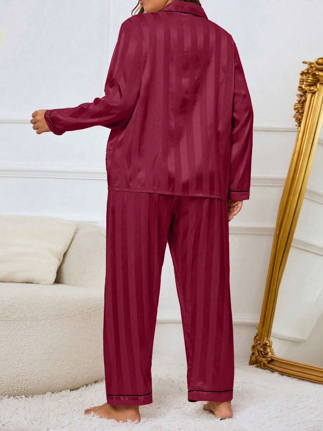 LuxeNights Conjunto de Pijama Elegante de Manga Longa com Bolso, Listras de Gorgurão, Cor Sólida, Plus Size Feminino, Outono/Inverno