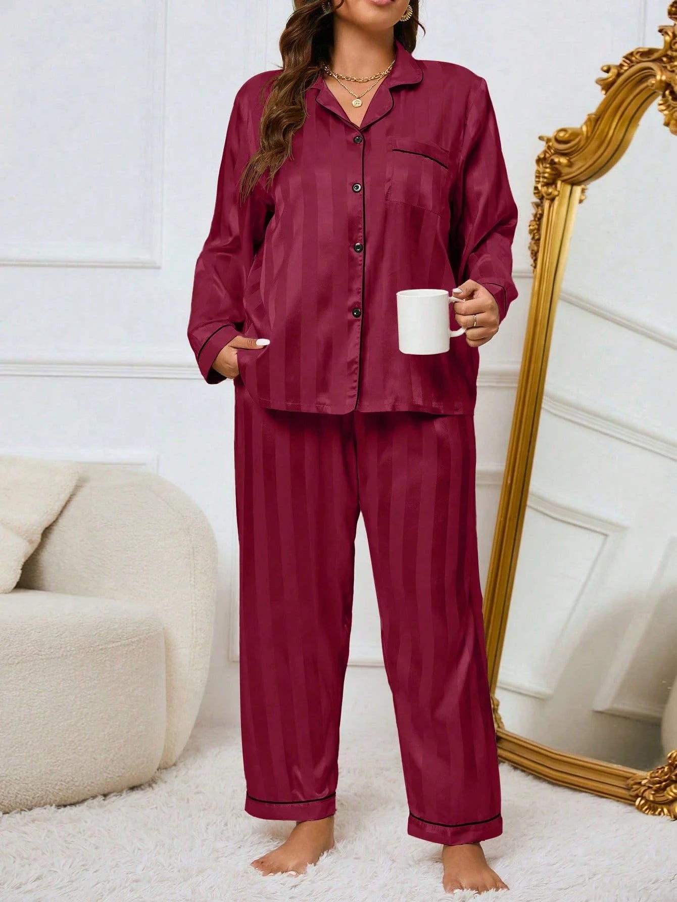 LuxeNights Conjunto de Pijama Elegante de Manga Longa com Bolso, Listras de Gorgurão, Cor Sólida, Plus Size Feminino, Outono/Inverno