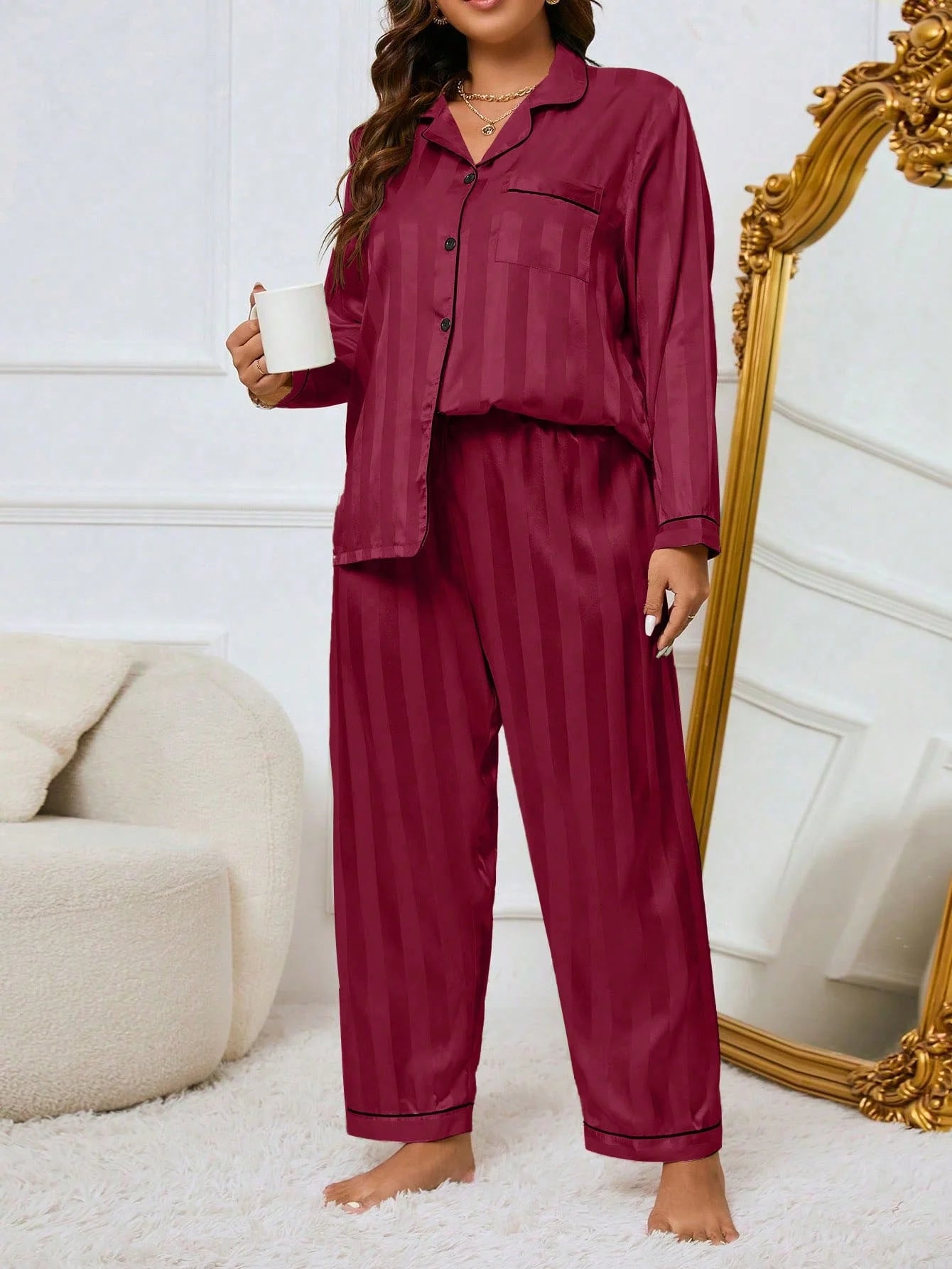 LuxeNights Conjunto de Pijama Elegante de Manga Longa com Bolso, Listras de Gorgurão, Cor Sólida, Plus Size Feminino, Outono/Inverno