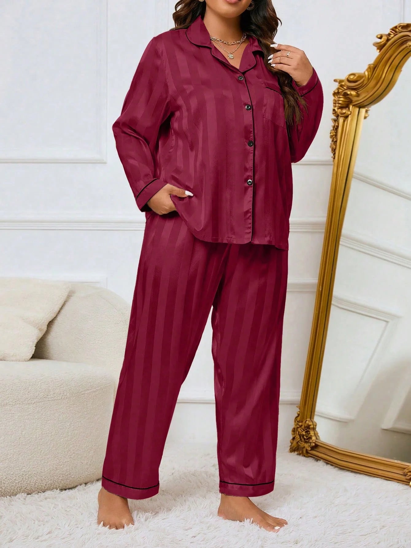 LuxeNights Conjunto de Pijama Elegante de Manga Longa com Bolso, Listras de Gorgurão, Cor Sólida, Plus Size Feminino, Outono/Inverno