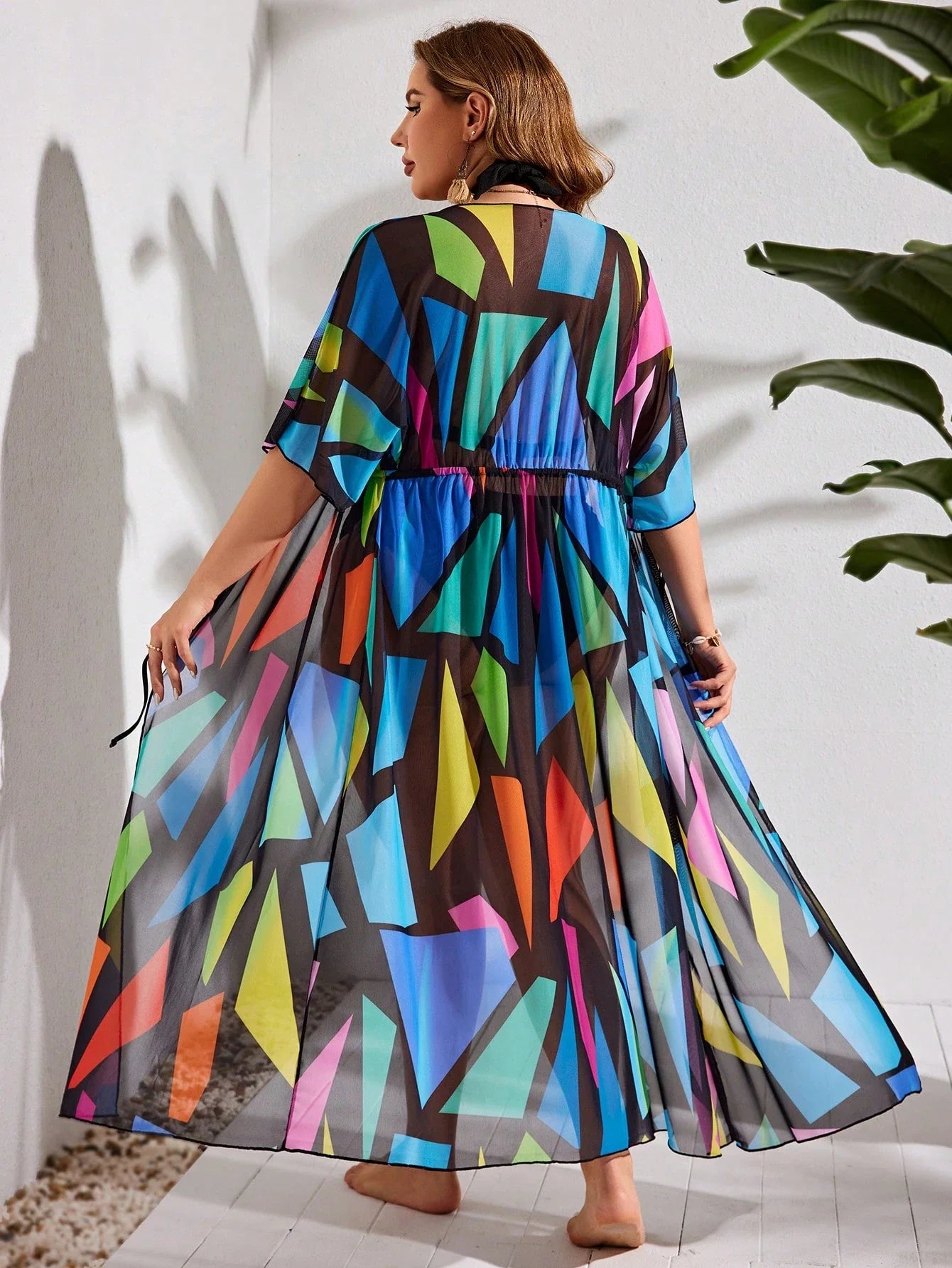 Swim Lushoire Kimono estampado de folhas Plus Size para mulheres, Casual para férias, Para praia no verão