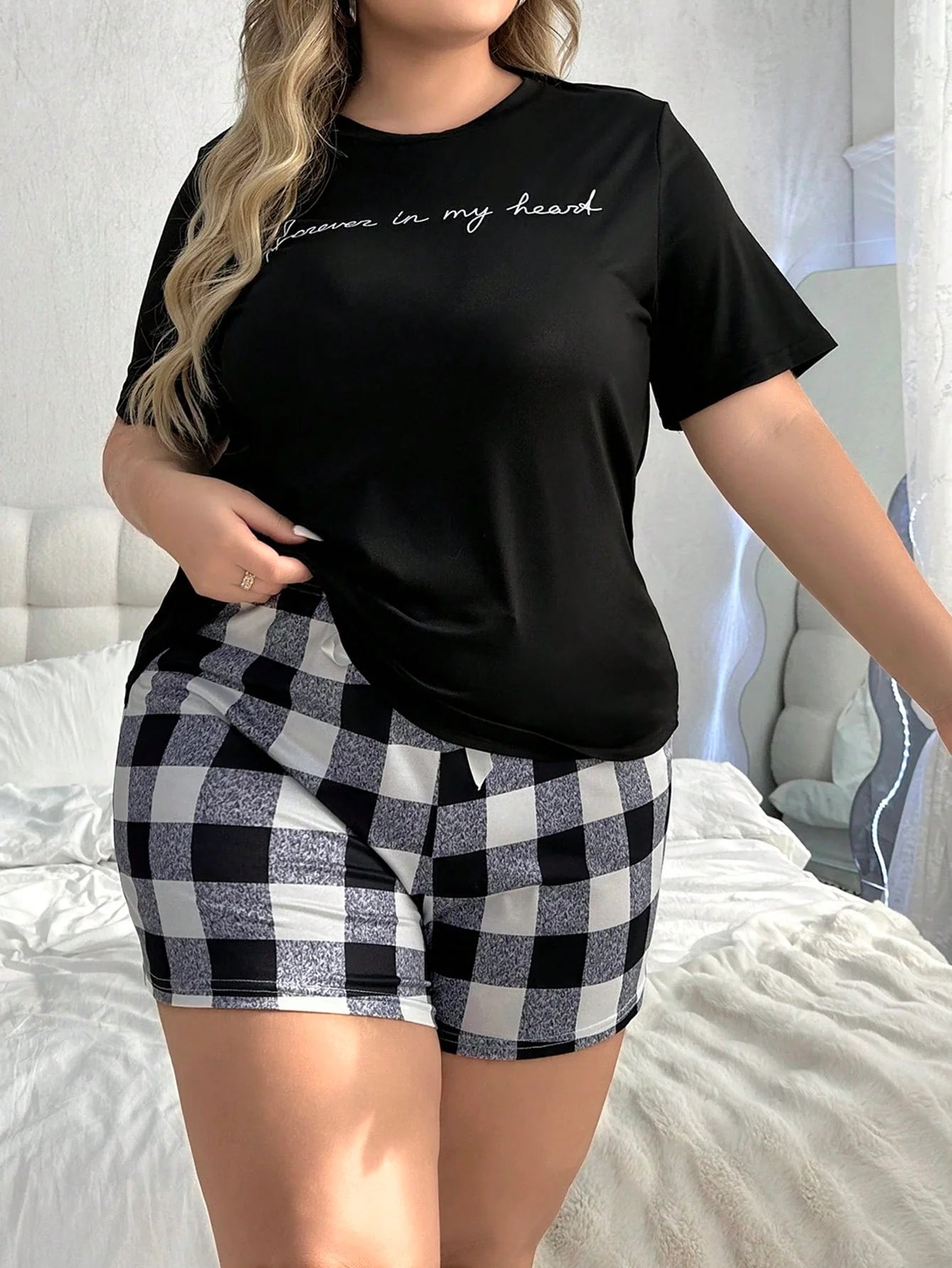 Conjunto De Pijama Com Topo De Impressão De Alfabeto Em Plus Size E Calça Xadrez