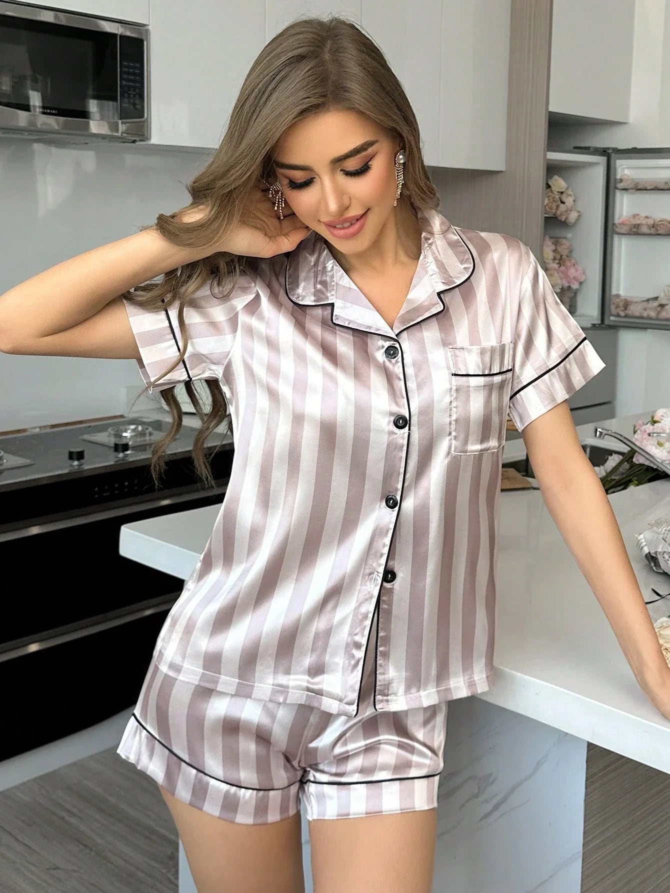 Conjunto De Pijama De Seda Com Estampa Floral E Listrada Para Mulheres