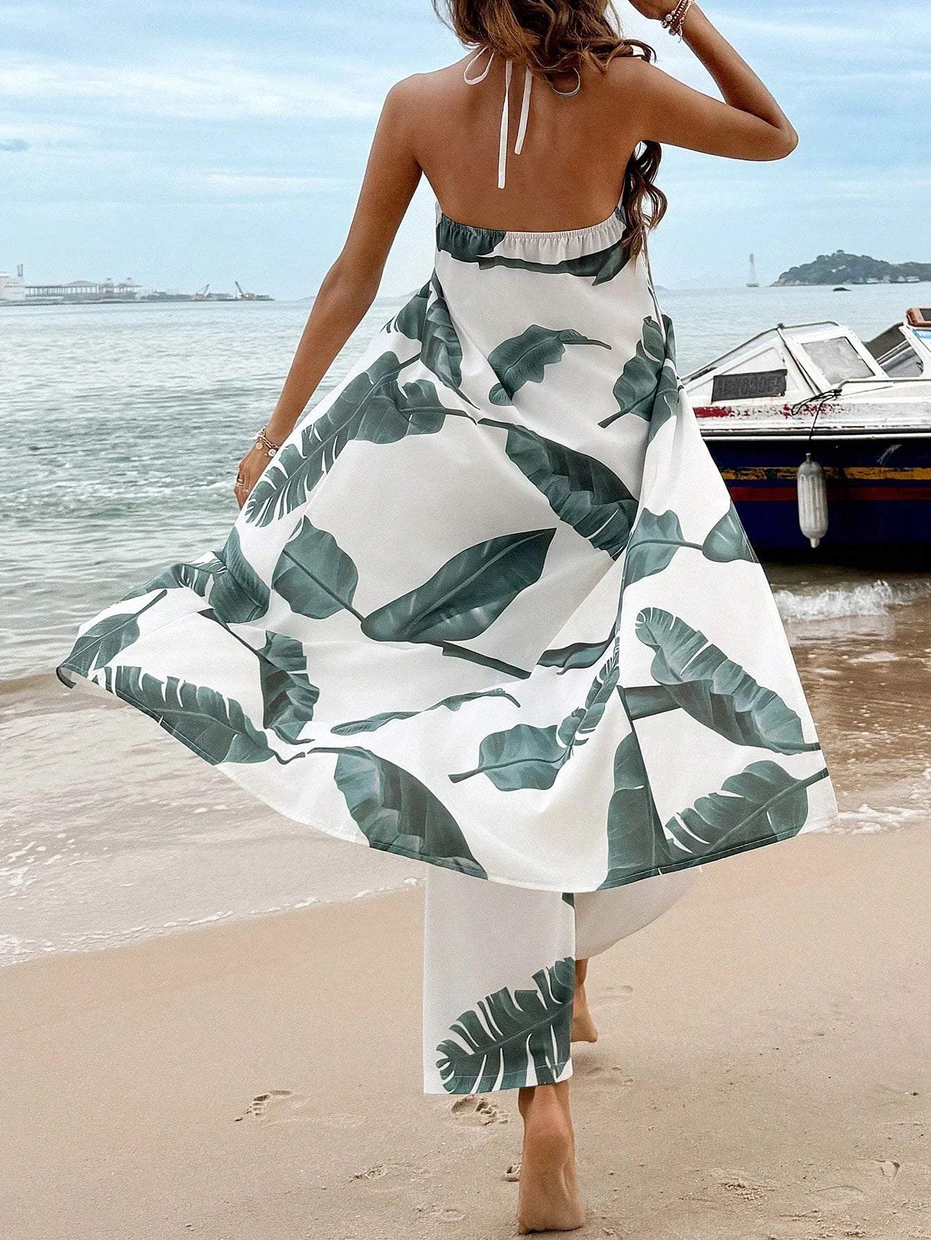 Breezaya Conjunto De Duas Peças Com Top Halter De Fenda Alta E Calça Boca Larga Com Cintura Elástica Com Estampa De Planta Tropical Para Primavera E Verão