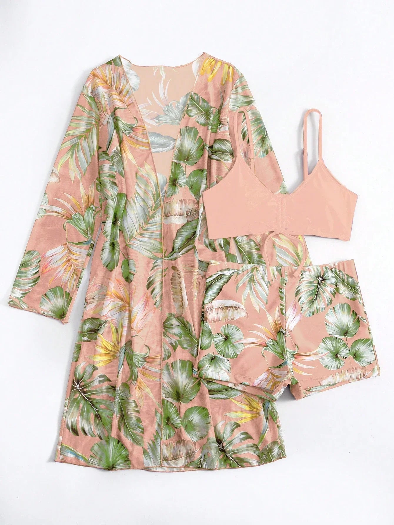 SHEIN Swim Conjunto de Maiô Bikini com alças finas e estampa contrastante de praia tropical de verão e quimono com estampa tropical