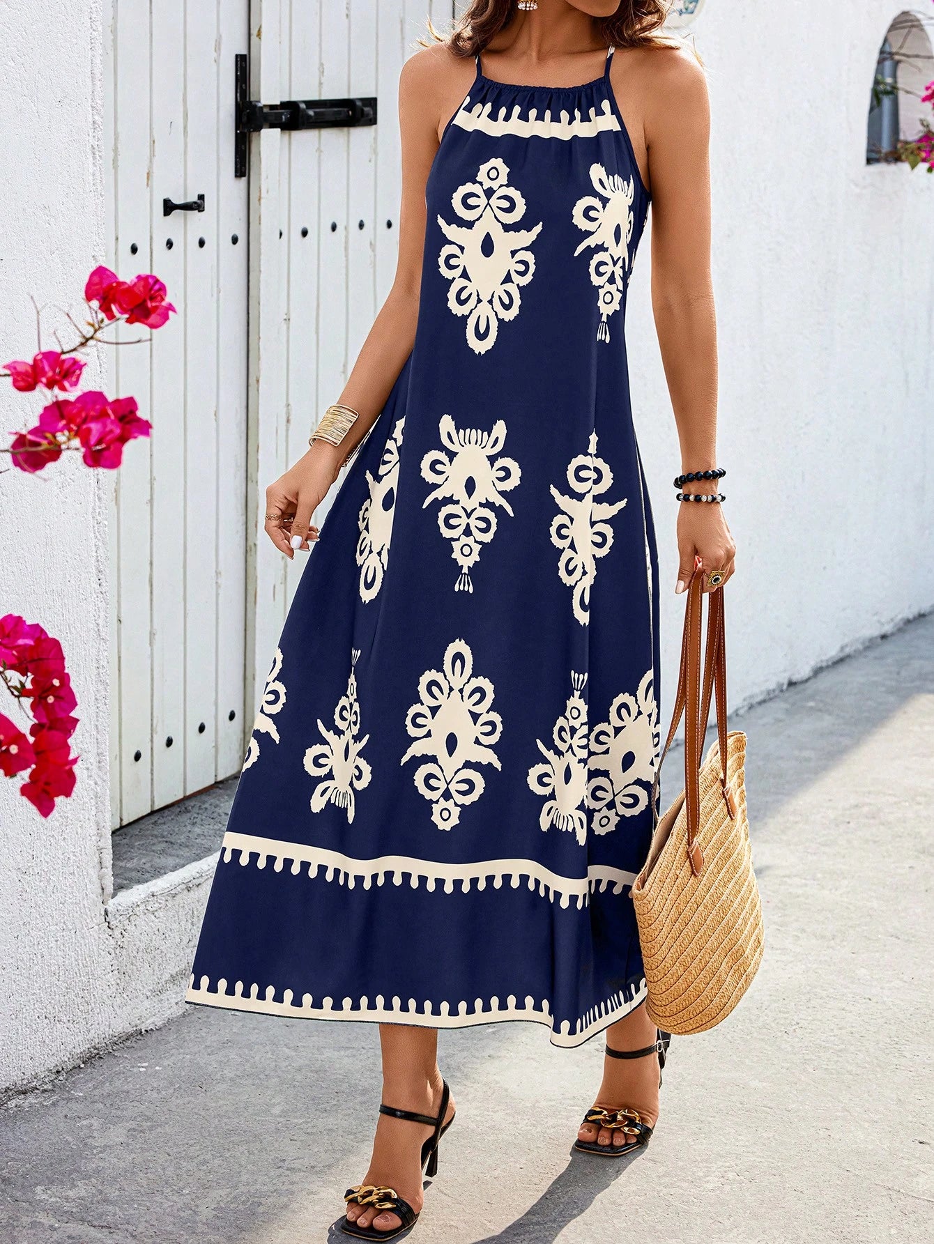 Breezaya Vestido Casual Curto Feminino com Alça Fina e Estampa Remendada, Estampa Aleatória