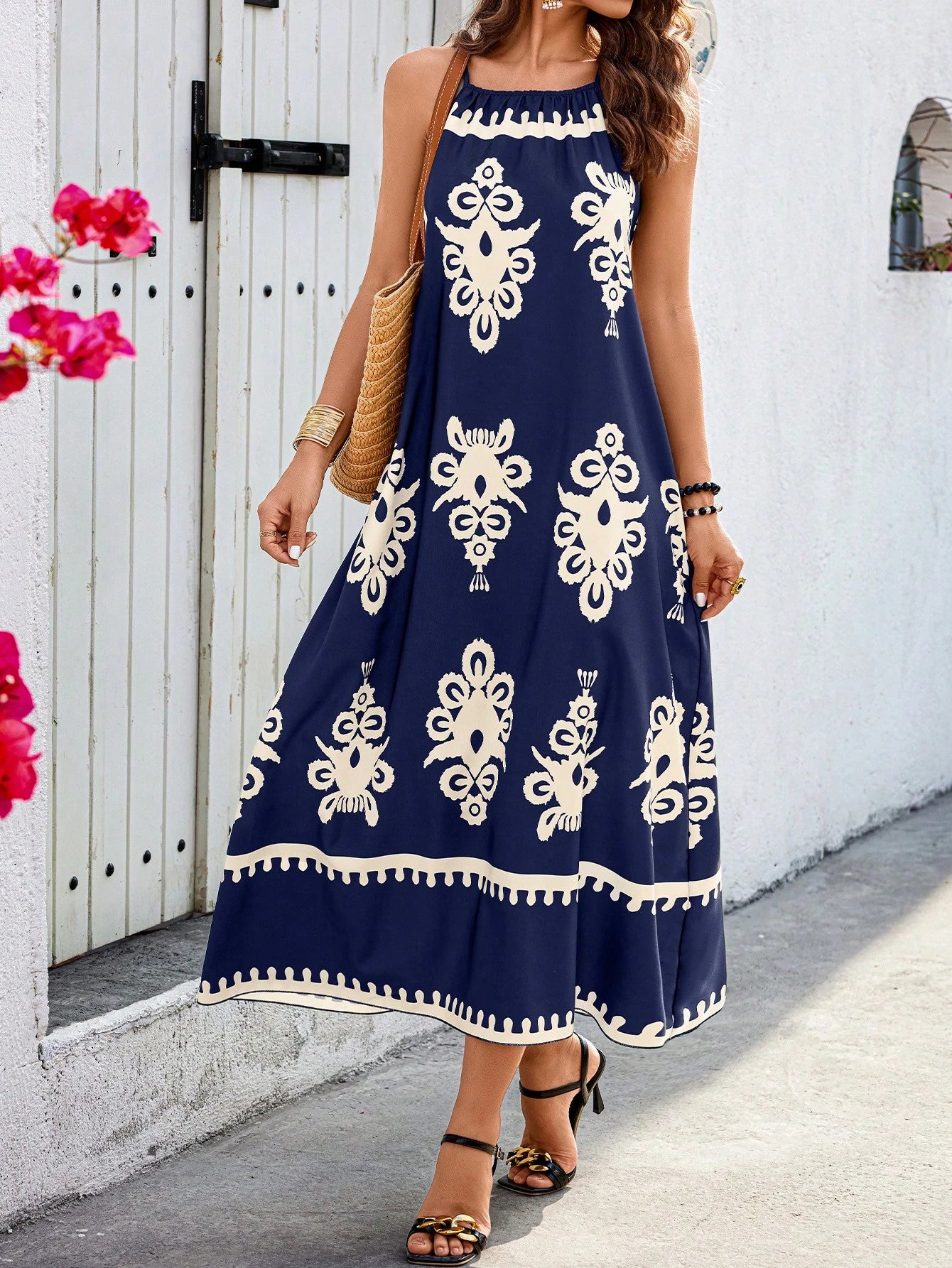 Breezaya Vestido Casual Curto Feminino com Alça Fina e Estampa Remendada, Estampa Aleatória