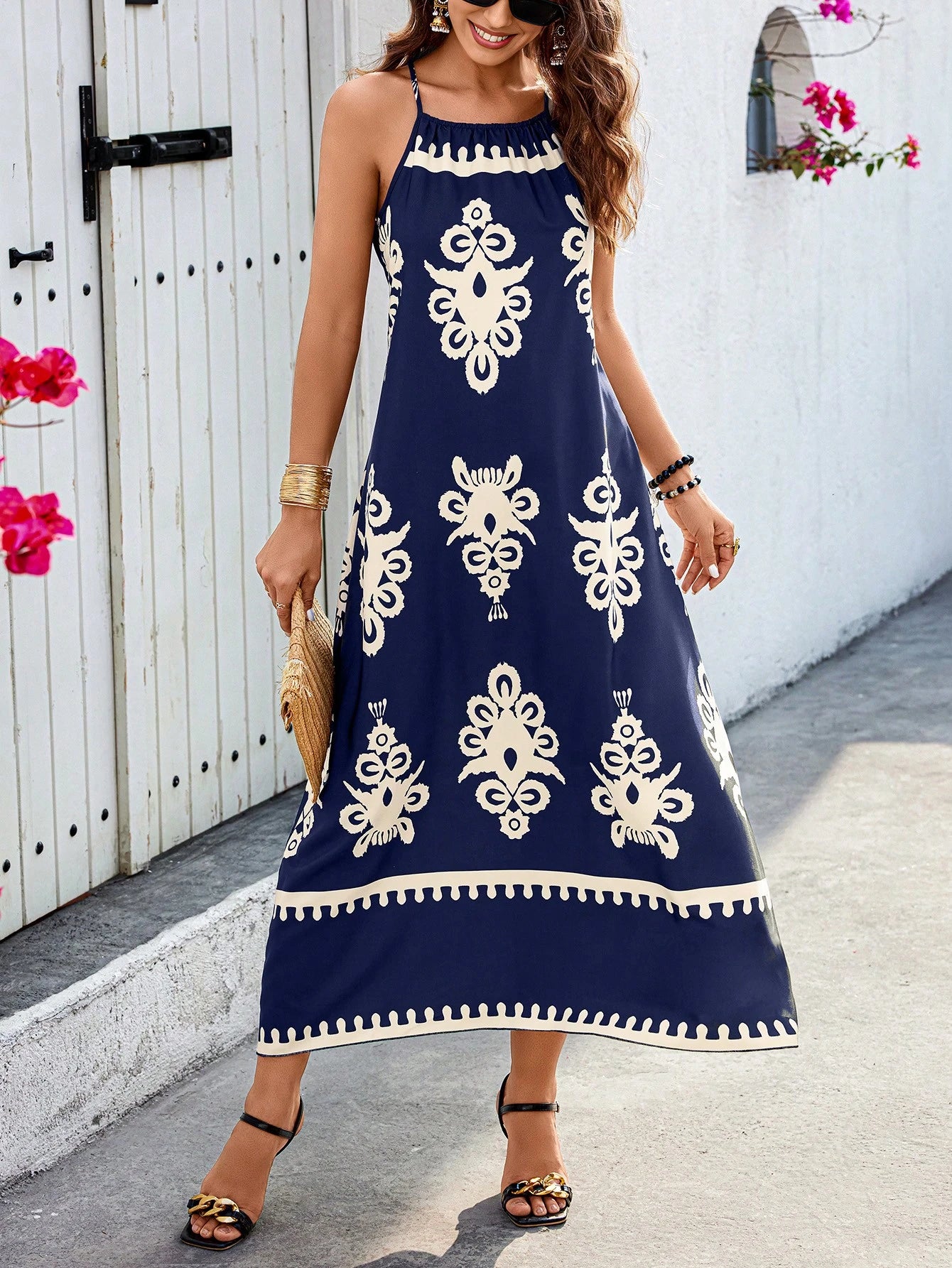 Breezaya Vestido Casual Curto Feminino com Alça Fina e Estampa Remendada, Estampa Aleatória
