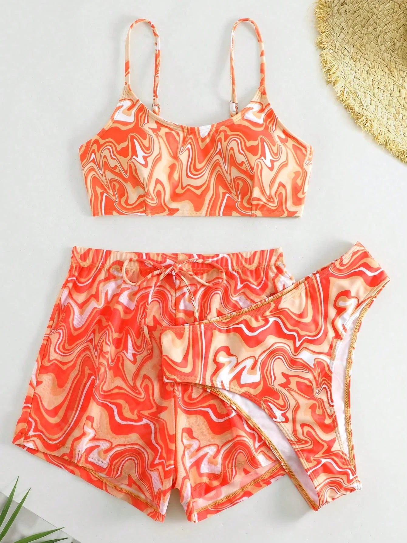 SHEIN Swim Conjunto de Maiô Bikini feminino com alças finas para o verão na Praia com Estampa de Redemoinho, impressionados aleatoriamente.