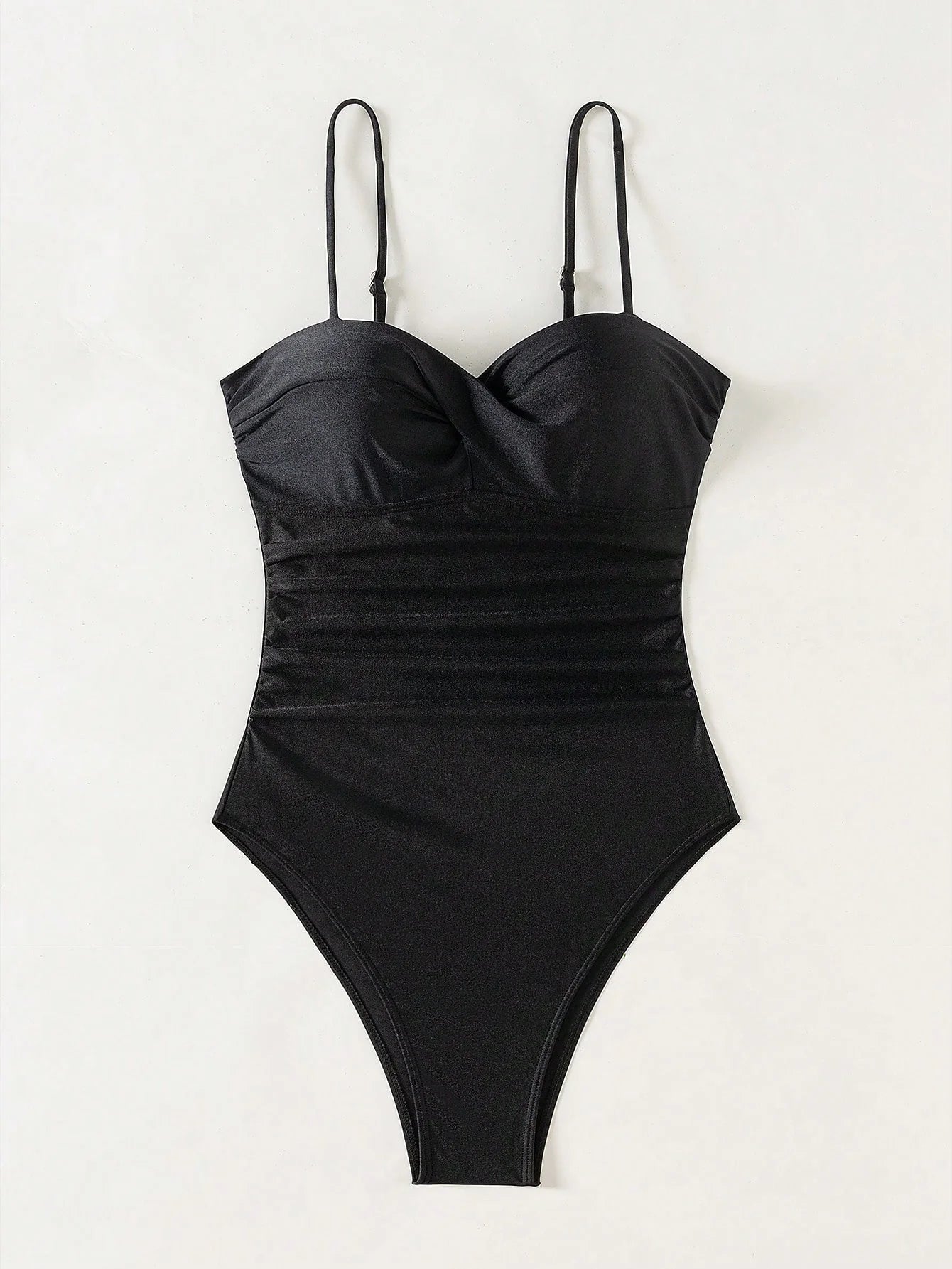 SHEIN Swim 1 Peça Macacão de Banho Feminino de Cor Sólida, com Alças de Espaguete Torcidas, para Verão, com Suporte Interno e Efeito Push-Up