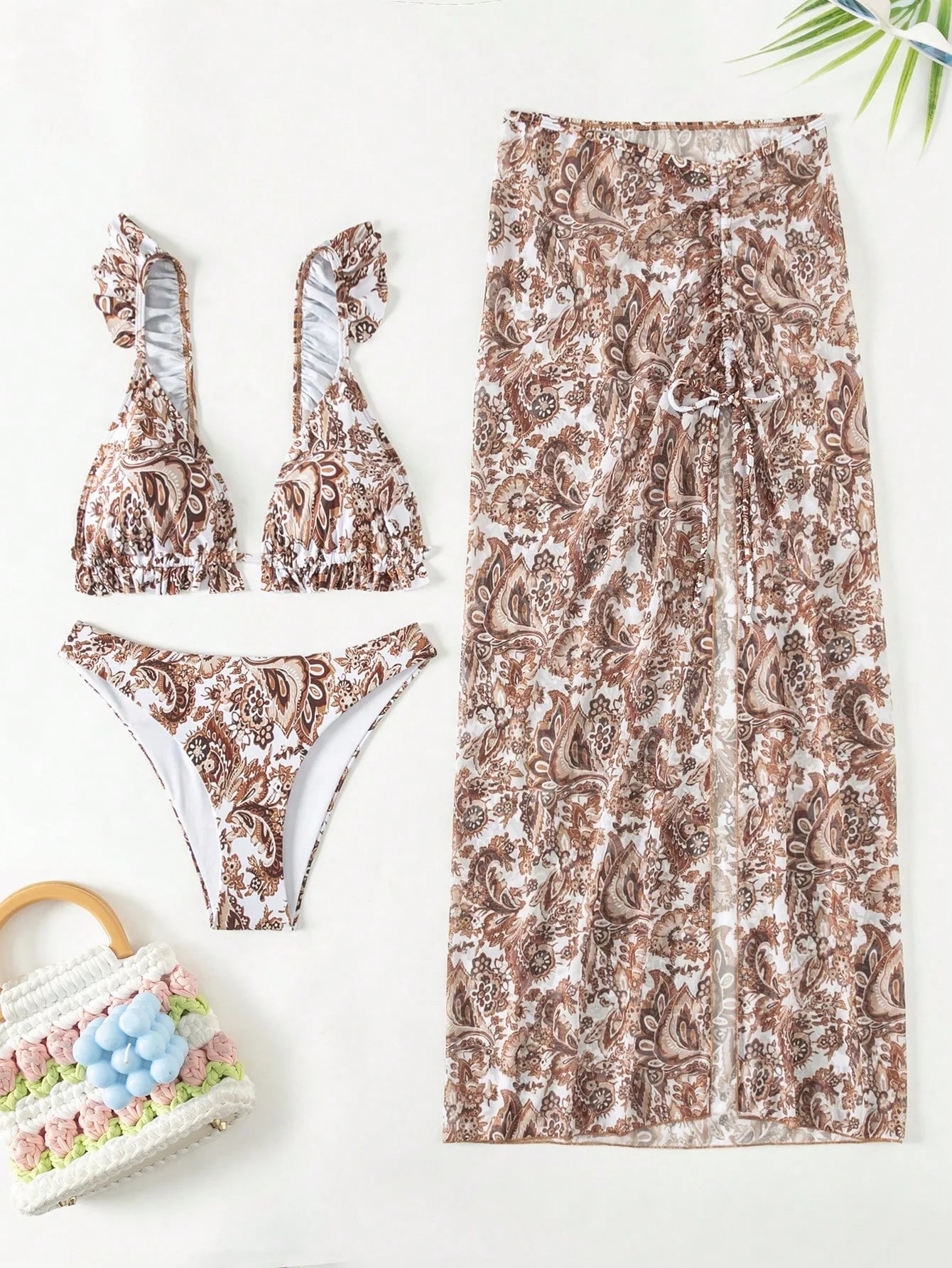 SHEIN Swim Conjunto de biquíni sólido acabamento de folho top & atrevido de baixo & saia de praia 3 peças roupa de banho