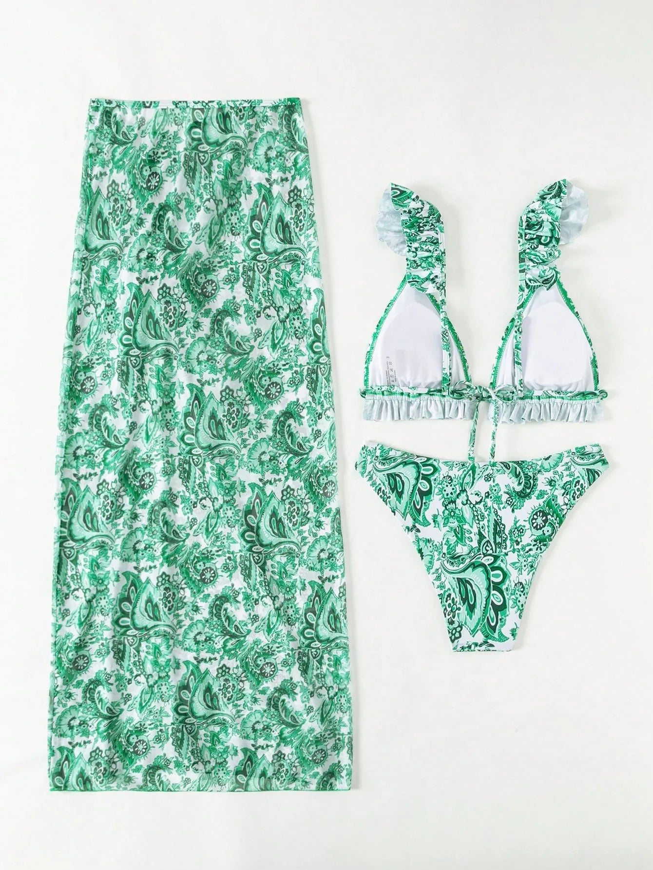 SHEIN Swim Conjunto de biquíni sólido acabamento de folho top & atrevido de baixo & saia de praia 3 peças roupa de banho